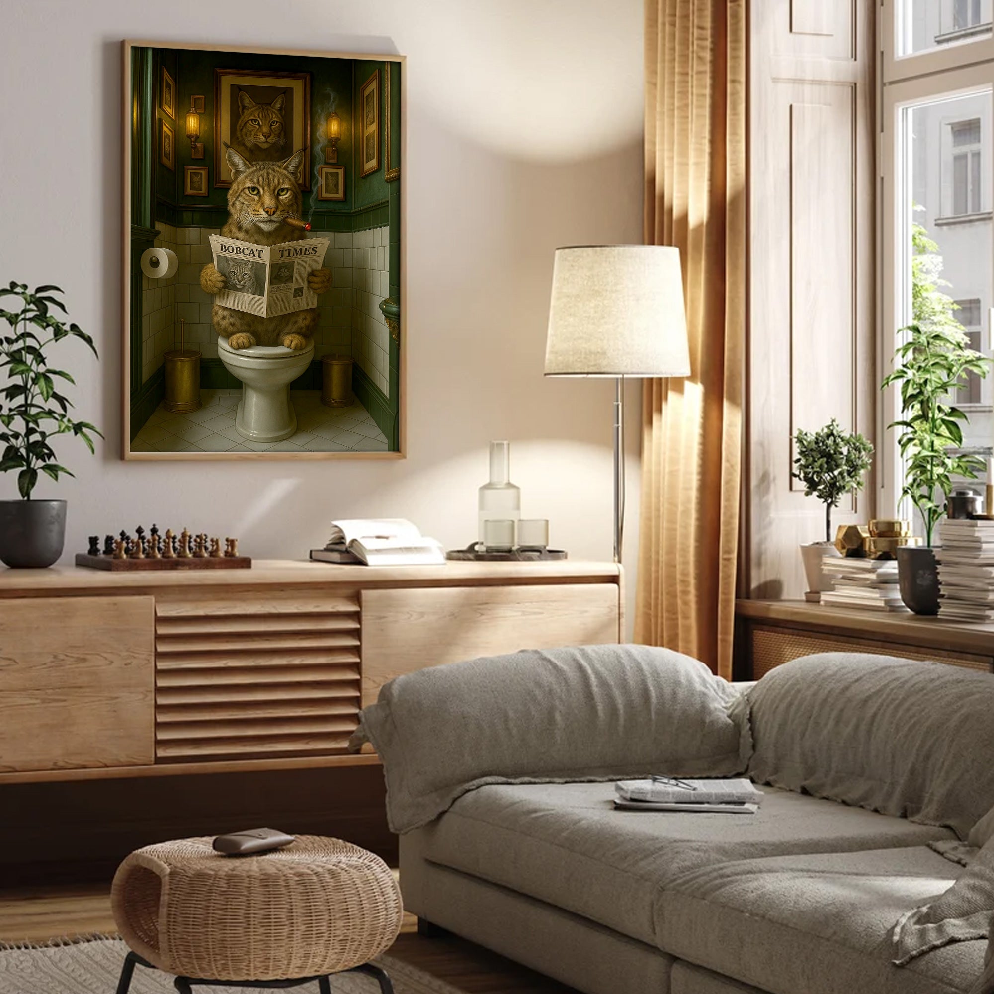 Funny Rustic Bobcat Wall Art Canvas – Smoking-Smoking Wild Cat Reading Newspaper - Rustic Lodge Wall Art, Gift for Hunters