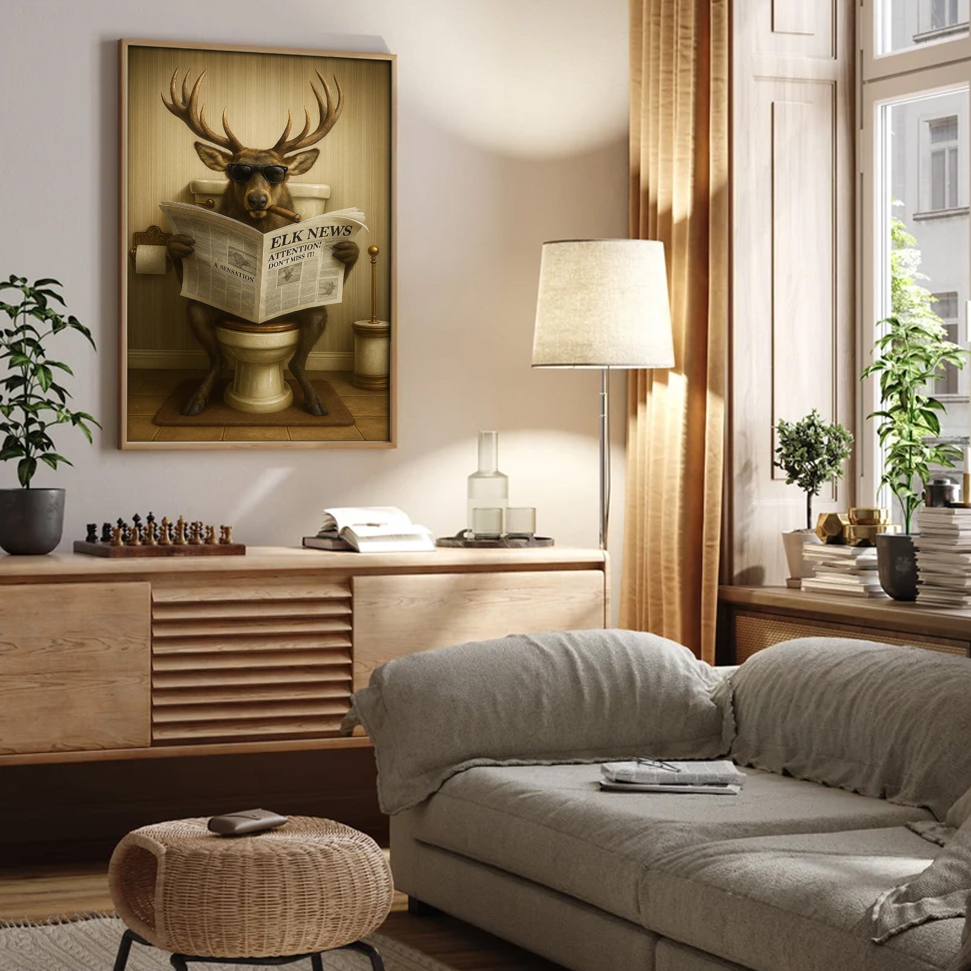 Funny Elk Bathroom Wall Art – Hunting Lodge Decor for Men - Wildlife Animal Poster - Unique Dad Gift for Hunters & Outdoorsmen