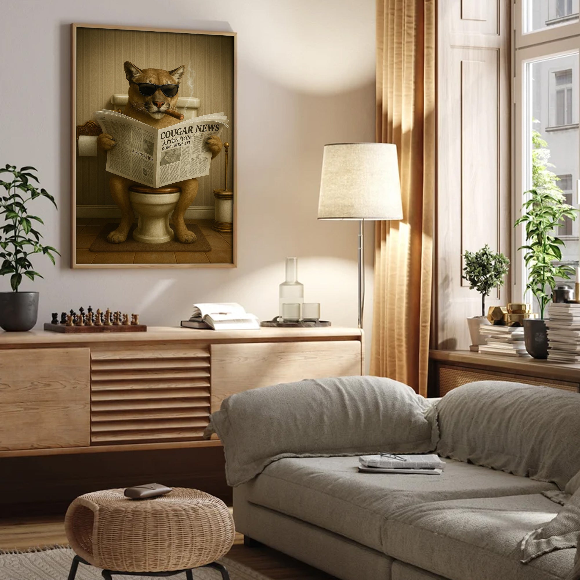 Funny Cougar Bathroom Canvas – Mountain Lion on Toilet Reading Newspaper - Rustic Cabin Decor, Gift for Outdoorsmen