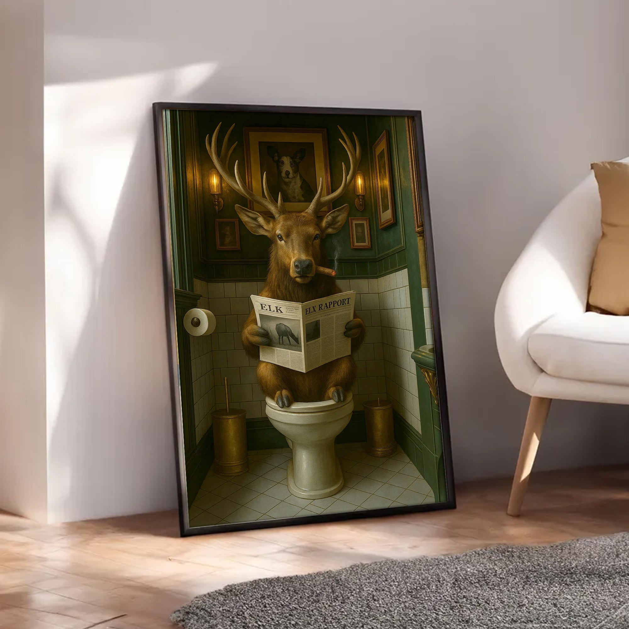 Funny Elk Bathroom Canvas – Smoking-Smoking Deer Reading Newspaper on Toilet - Rustic Cabin Wall Art for Hunters