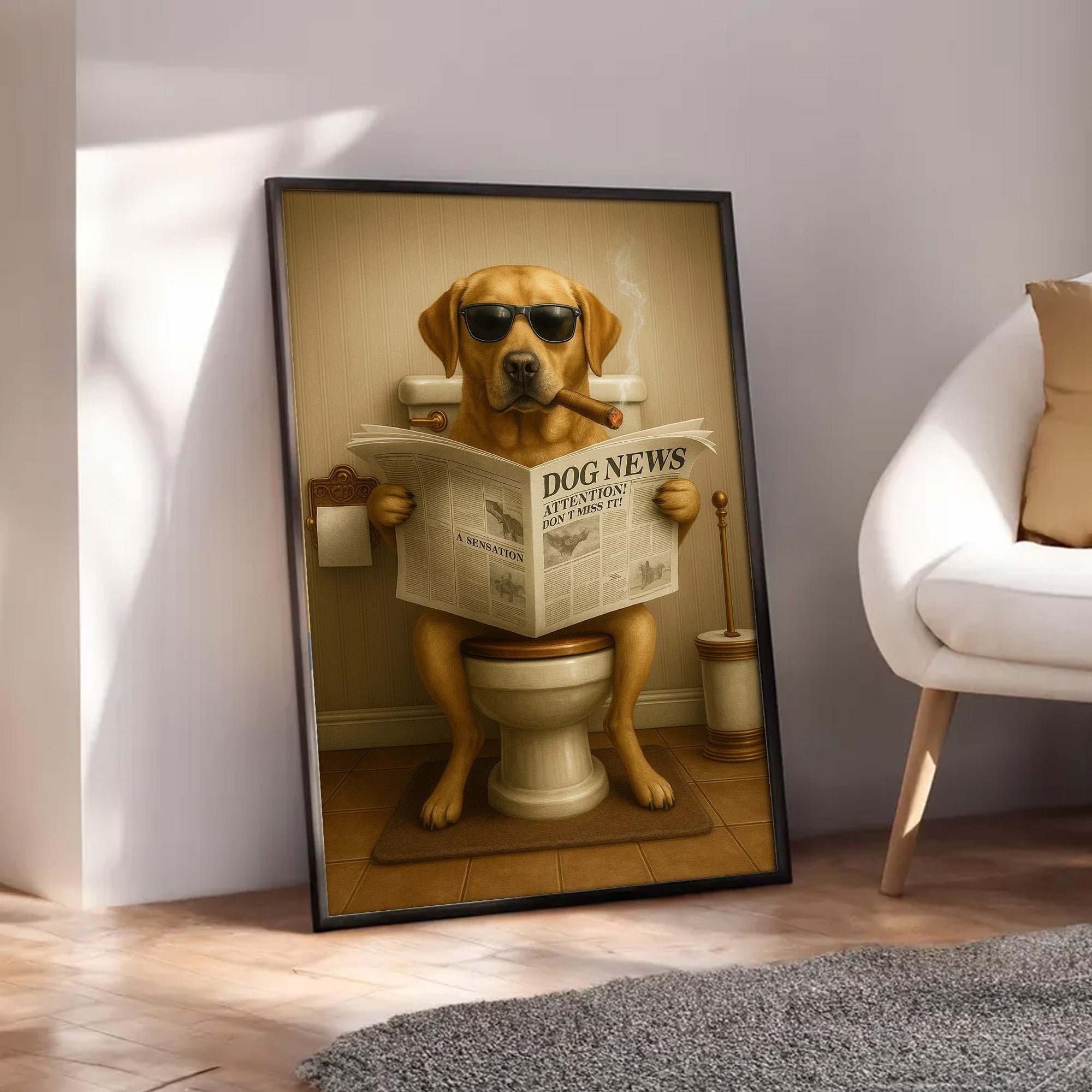 Funny Labrador Bathroom Poster Canvas – Dog on Toilet Reading Newspaper - Rustic Bathroom Decor, Gift for Dog Dads