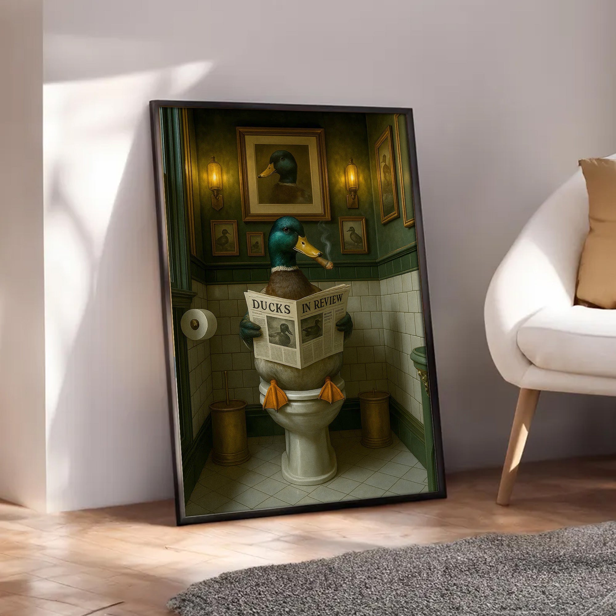 Mallard Duck Toilet Scene Poster Canvas – Smoking-Smoking Duck Reading ‘Ducks in Review’ - Gift for Outdoorsmen