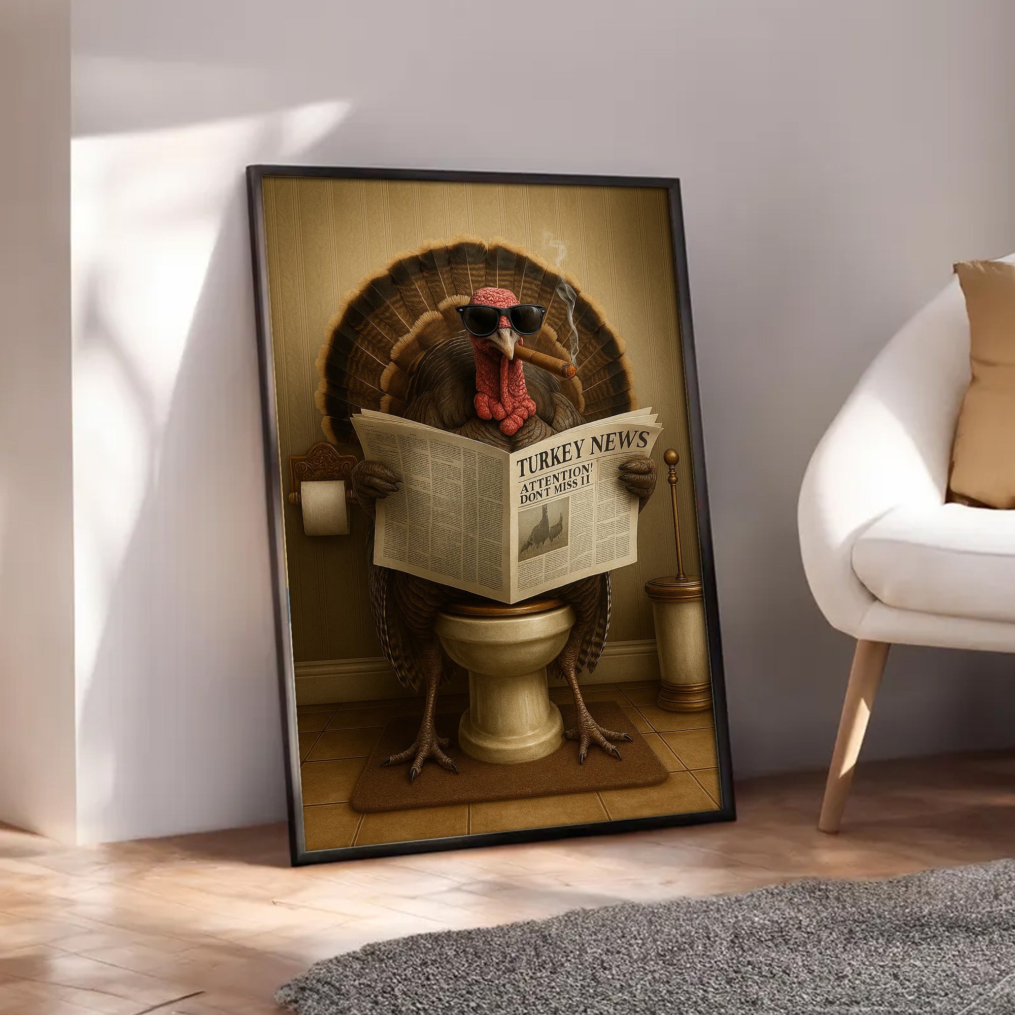 Turkey Reading News Smoking Bathroom Wall Art – Rustic Decor for Men, Hilarious Gift for Men, Hunter