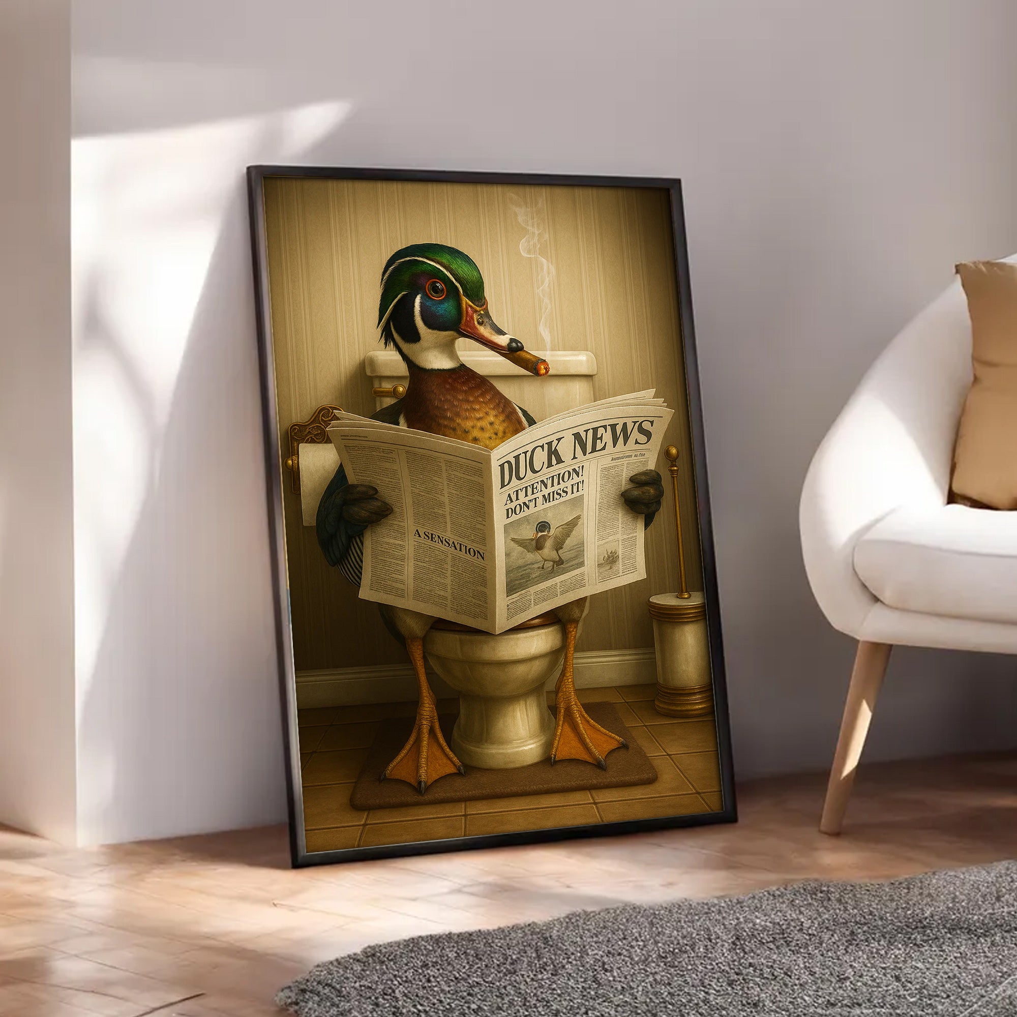 Funny Wood Duck Read Newspaper Bathroom Canvas – Hunting Wildlife Animal Poster - Unique Gift for Dad, Hunters