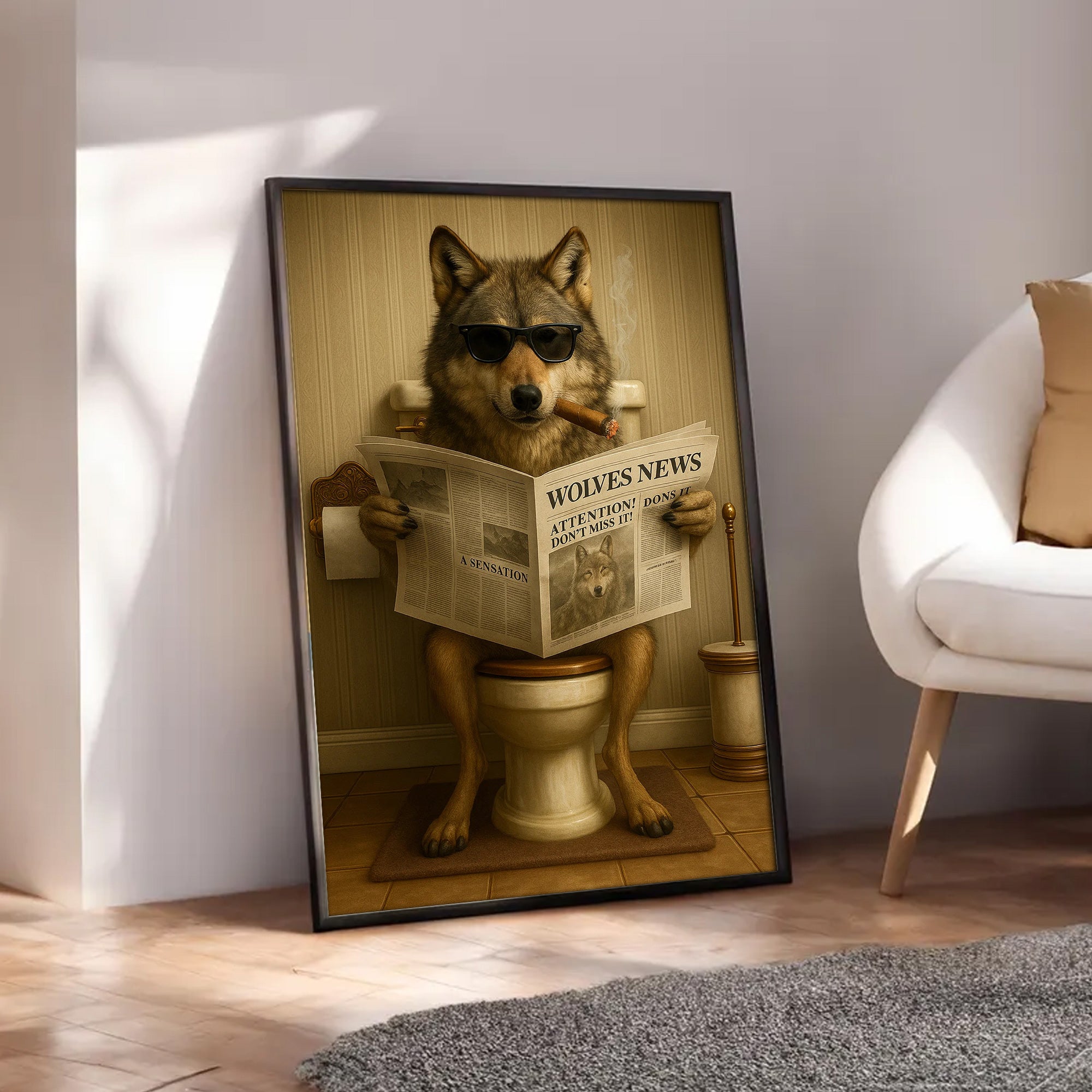 Funny Wolves News Poster Canvas – Hilarious Bathroom Scene with Cool Wolf on Toilet - Gift for Men, Nature Lovers, Hunters