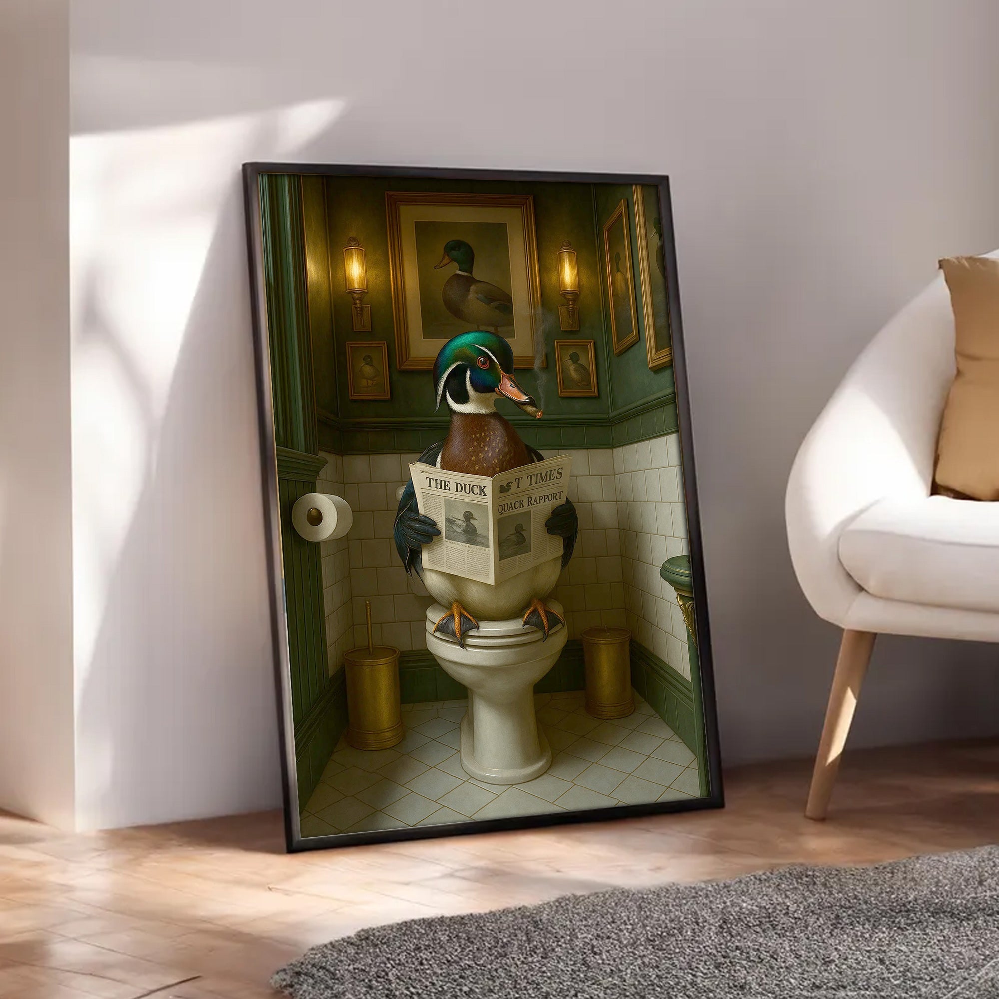 Rustic Duck Bathroom Wall Art Canvas – Wood Duck Reading Newspaper - Lodge Humor Print, Perfect Gift for Hunters