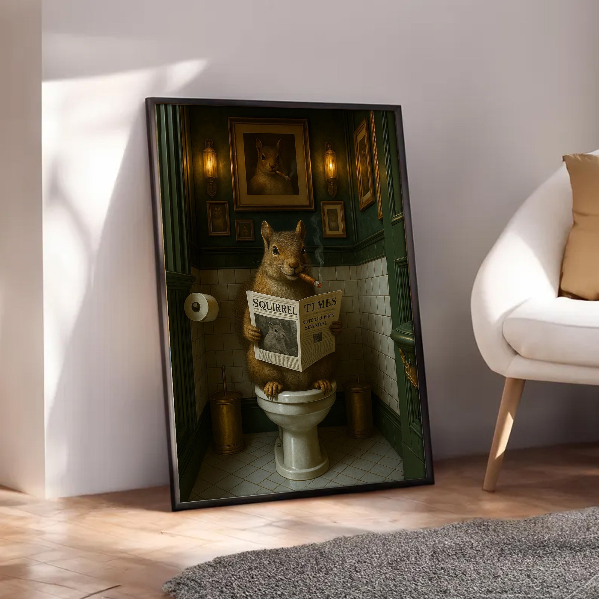 Funny Squirrel on Toilet Poster Canvas – Hilarious Wildlife Bathroom Scene - Lodge Humor Canvas, Gift for Men or Nature Lovers