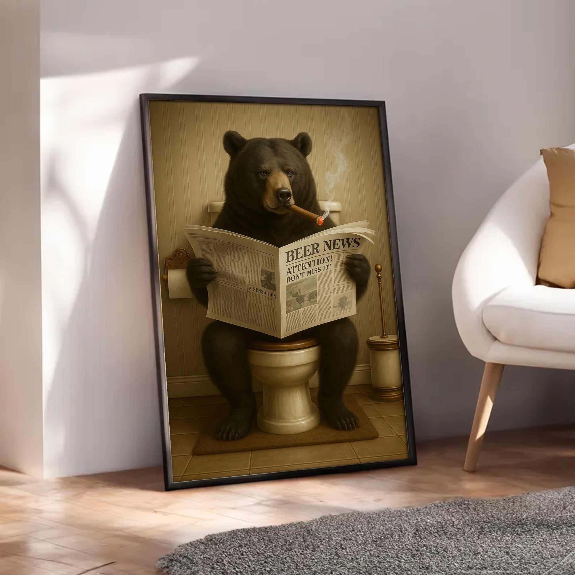 Funny Bear Newspaper Bathroom Canvas Wall Art – Wildlife Animal Poster - Unique Gift for Dad, Hunters & Outdoorsmen