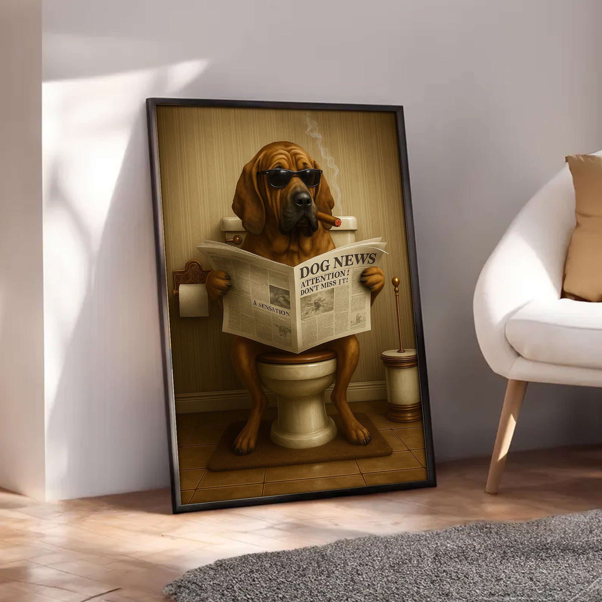 Funny Rustic Dog Bathroom Canvas – Bloodhound Smoking Reading ‘Dog News’ - Hunting Hunters Cabin Decor, Gift for Dad or Husband