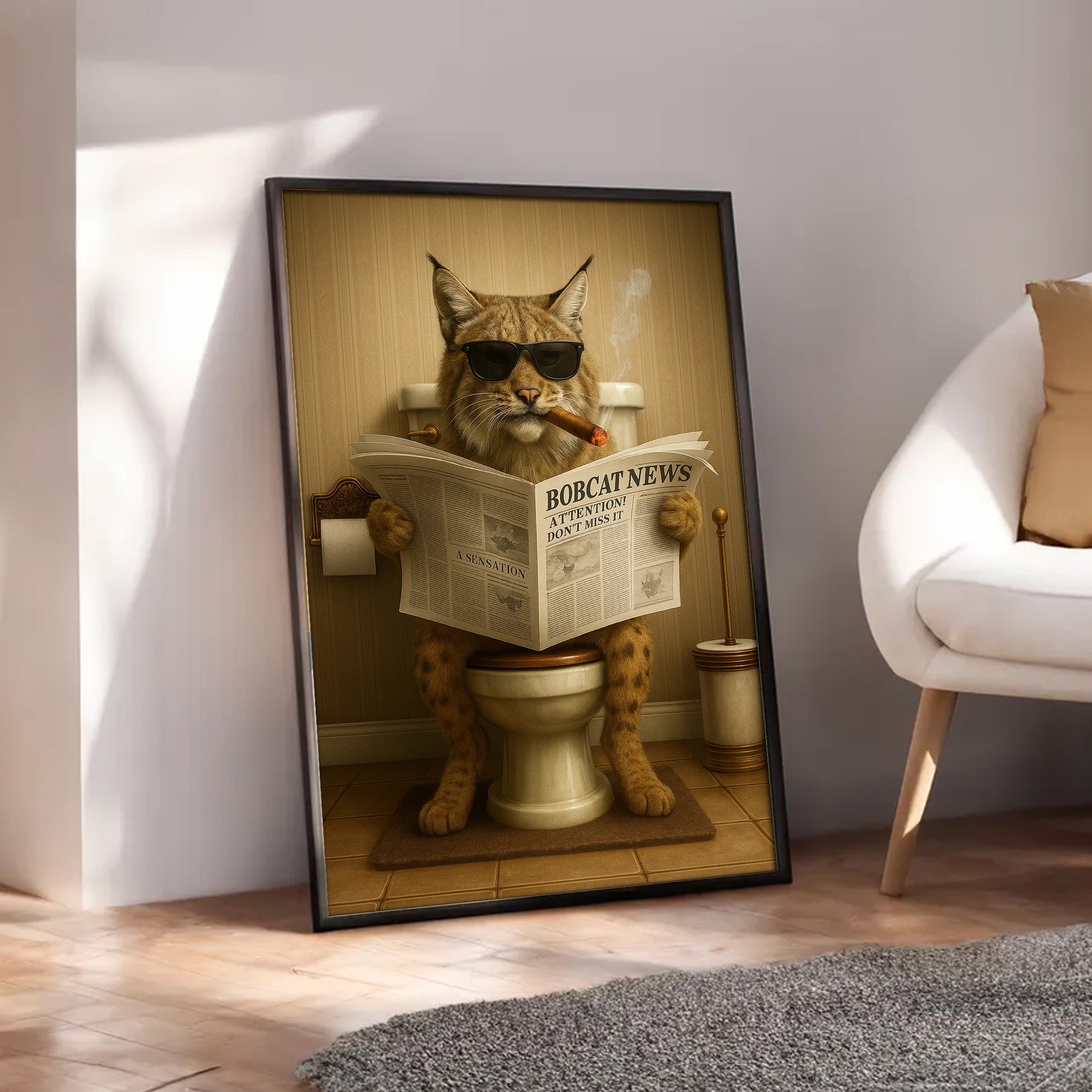 Funny Bobcat Bathroom Wall Art – Rustic Wildlife Decor for Men, Hunting Cabin Poster, Hilarious Gift for Dad