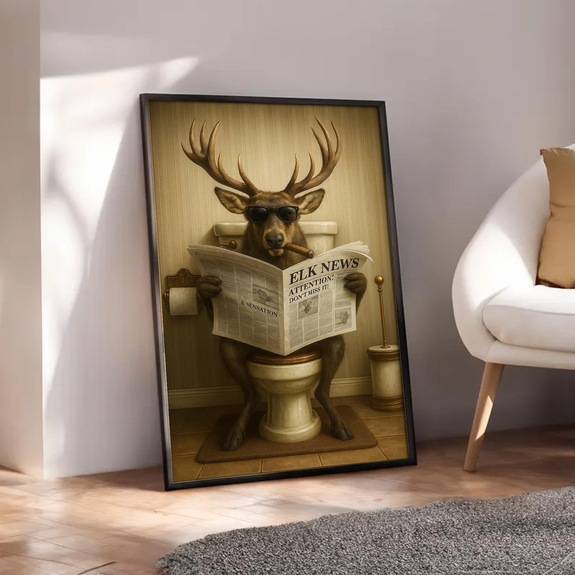 Funny Elk Bathroom Wall Art – Hunting Lodge Decor for Men - Wildlife Animal Poster - Unique Dad Gift for Hunters & Outdoorsmen