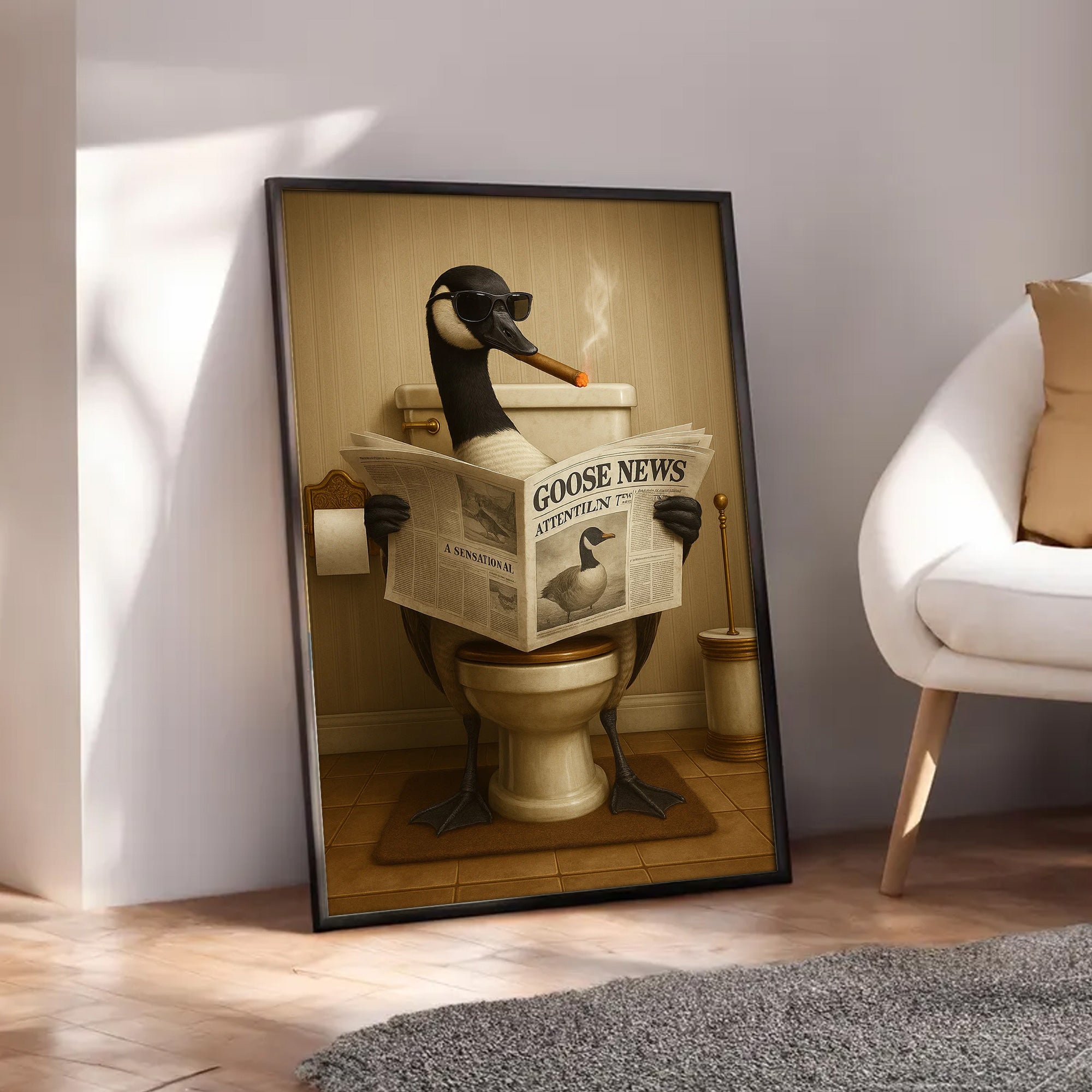 Funny Goose Read Newspaper Bathroom Canvas Wall Art – Hunting Wildlife Animal Poster - Unique Gift for Dad, Hunters