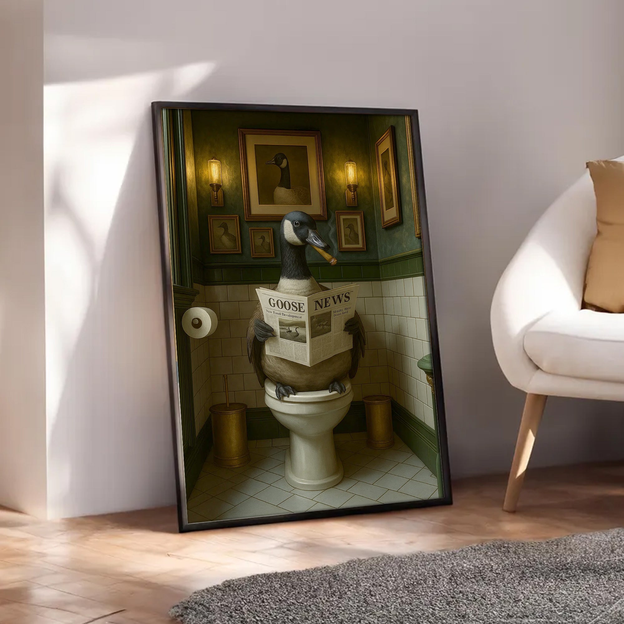 Funny Canada Goose Bathroom Poster – Rustic Cabin Wall Art, Goose Reading Newspaper on Toilet - Canvas Gift for Hunters