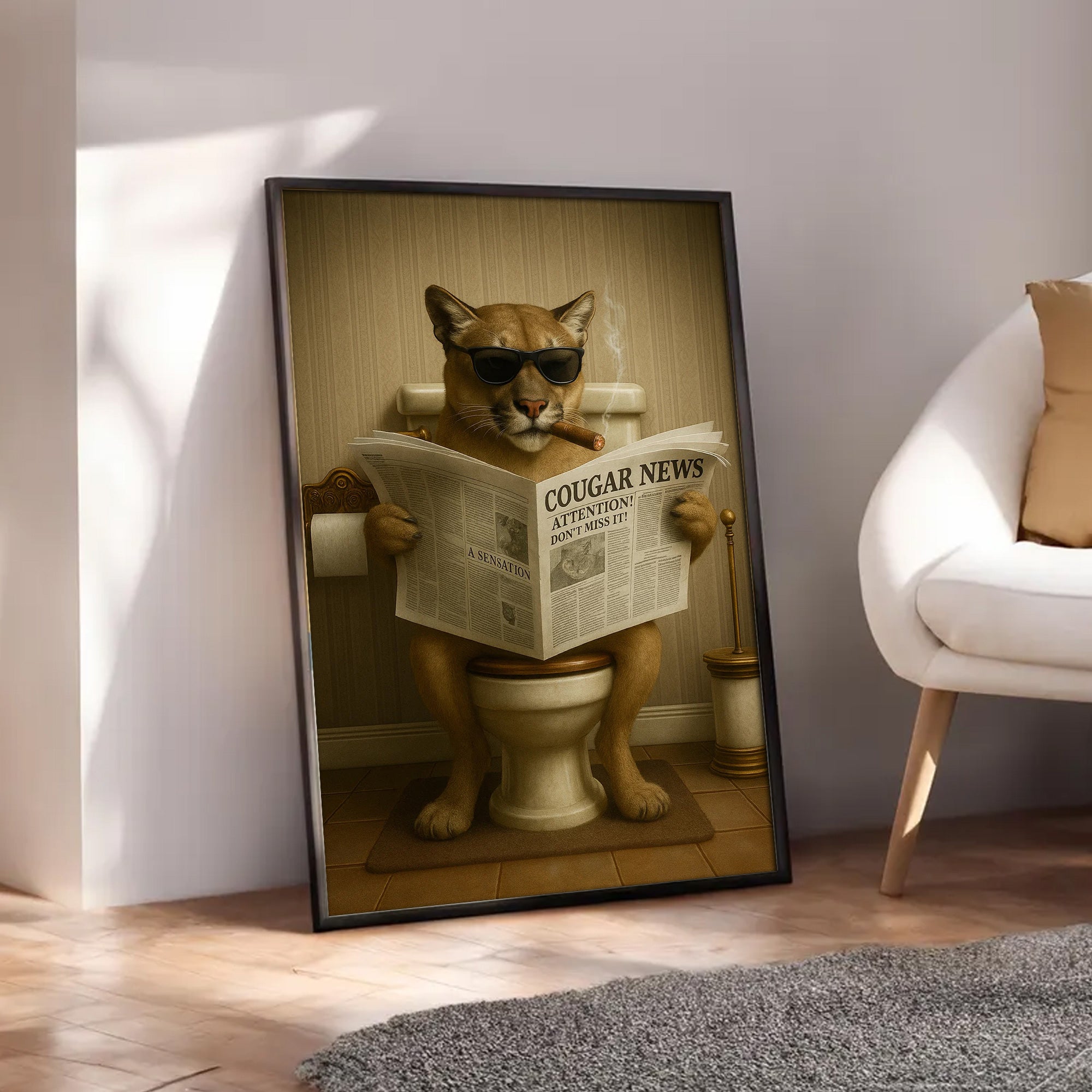 Funny Cougar Bathroom Canvas – Mountain Lion on Toilet Reading Newspaper - Rustic Cabin Decor, Gift for Outdoorsmen