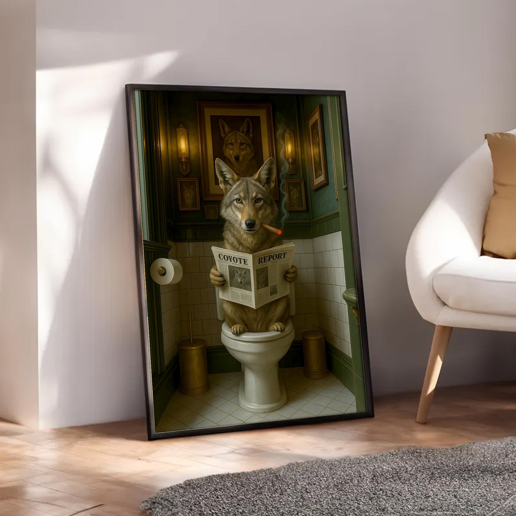 Funny Coyote Bathroom Canvas – Wild Dog on Toilet Reading Newspaper - Wolf Coyote - Rustic Lodge Decor, Gift for Outdoorsmen