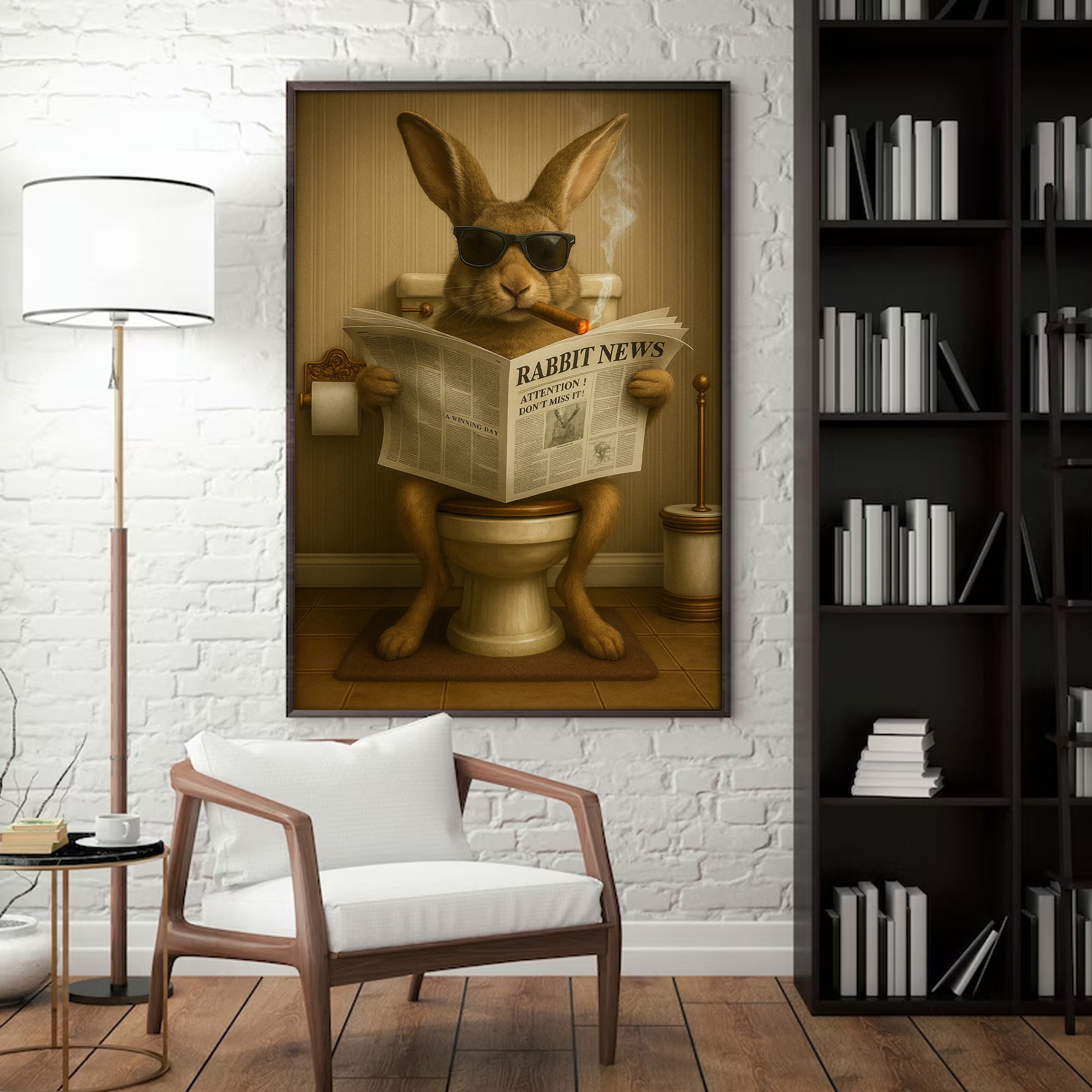 Funny Rabbit Reading News Bathroom Wall Art – Rustic Decor for Men, Hunting Cabin Poster, Hilarious Gift for Dad