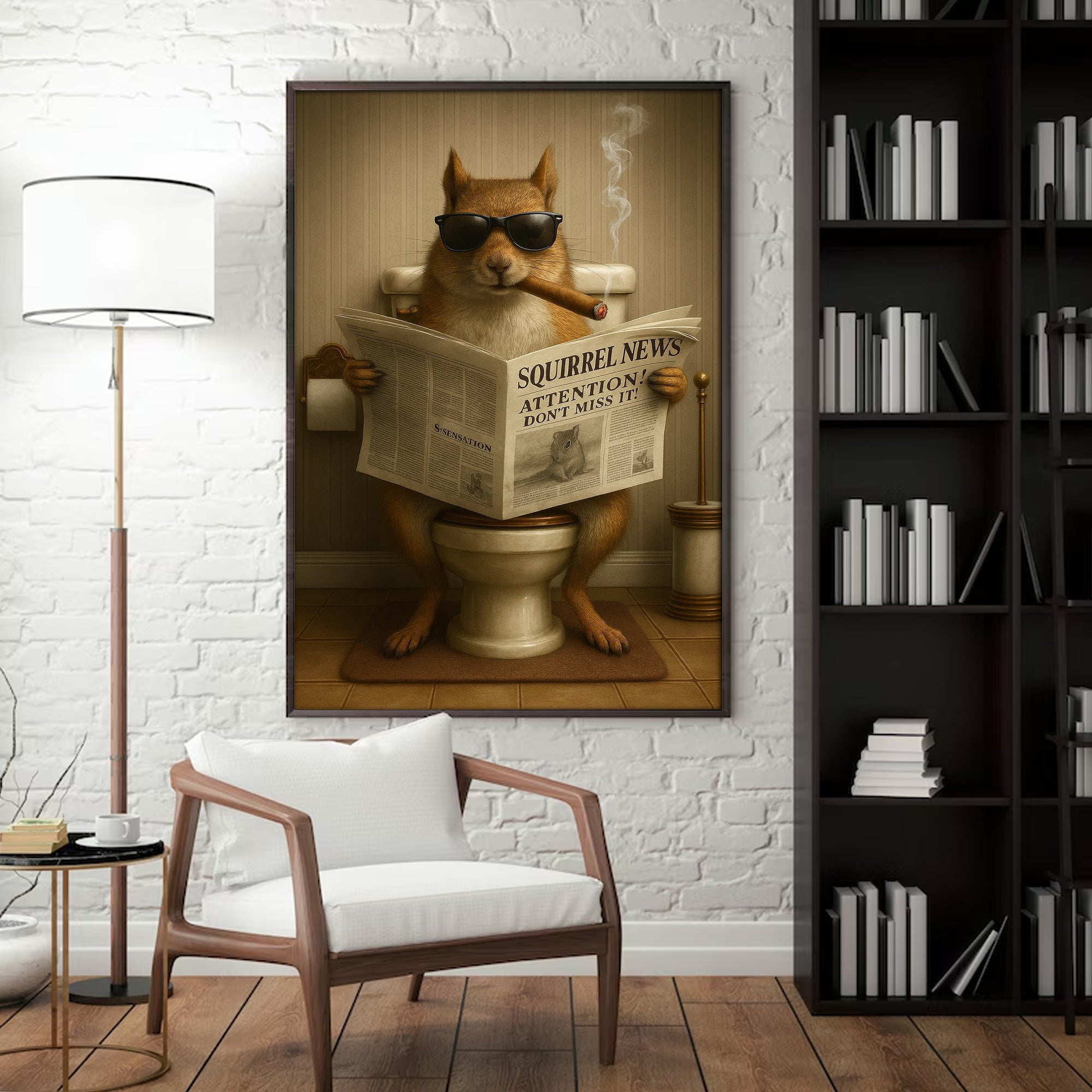 Squirrel Reading News Smoking Bathroom Wall Art – Rustic Decor for Men, Hunting Cabin Poster, Hilarious Gift for Dad