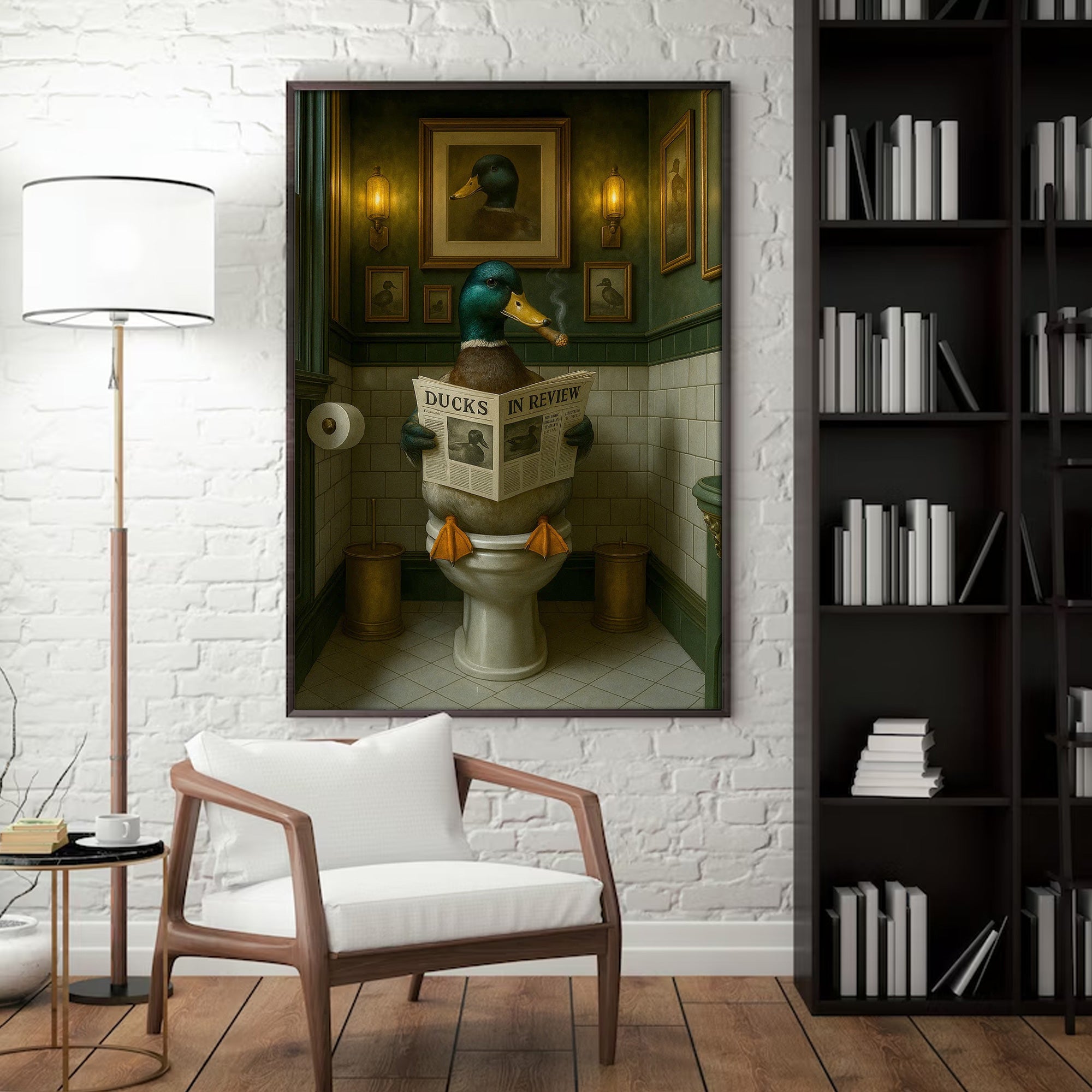 Mallard Duck Toilet Scene Poster Canvas – Smoking-Smoking Duck Reading ‘Ducks in Review’ - Gift for Outdoorsmen