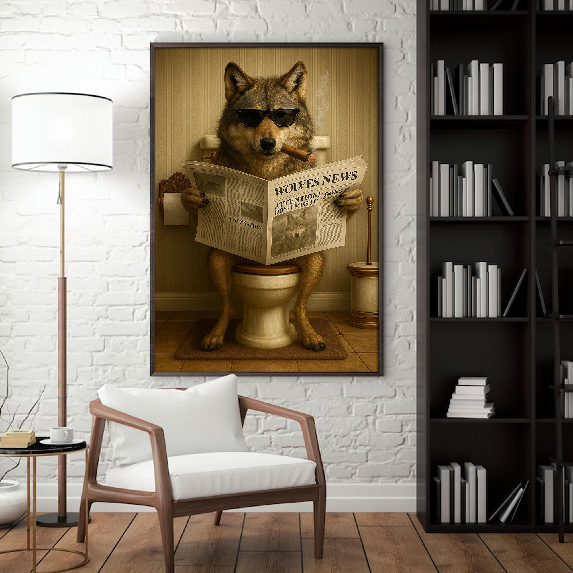 Funny Wolves News Poster Canvas – Hilarious Bathroom Scene with Cool Wolf on Toilet - Gift for Men, Nature Lovers, Hunters