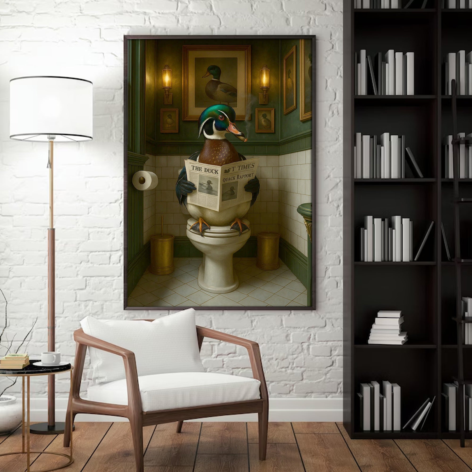 Rustic Duck Bathroom Wall Art Canvas – Wood Duck Reading Newspaper - Lodge Humor Print, Perfect Gift for Hunters