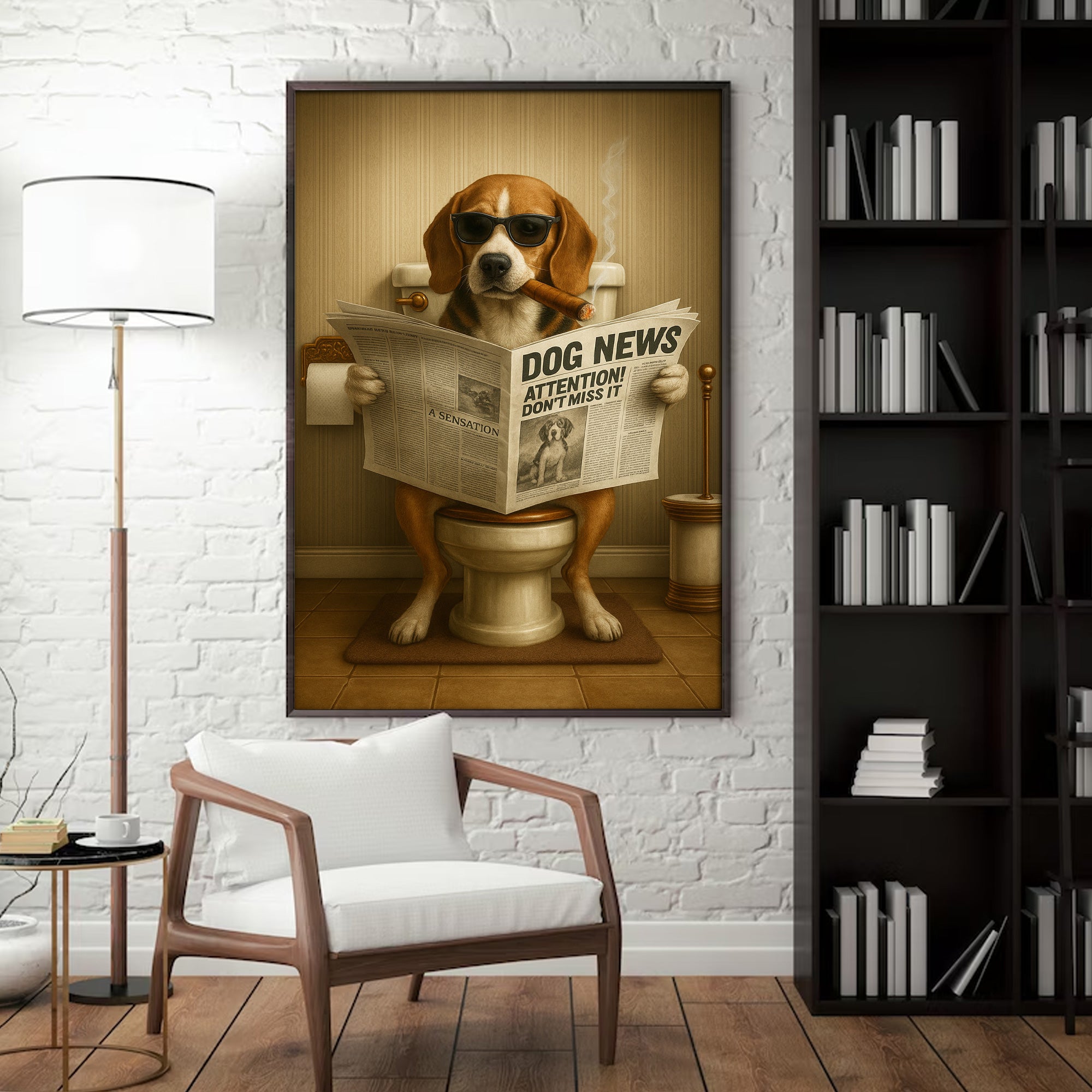 Funny Beagle Reading Newspaper Canvas – Funny Dog Hunting Bathroom Wall Art, Rustic Cabin Decor, Gift for Men