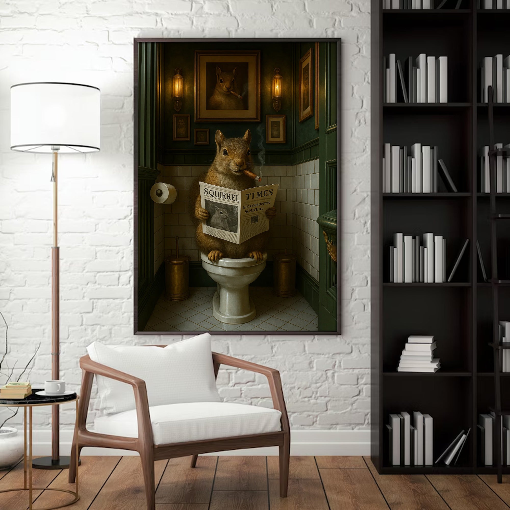 Funny Squirrel on Toilet Poster Canvas – Hilarious Wildlife Bathroom Scene - Lodge Humor Canvas, Gift for Men or Nature Lovers