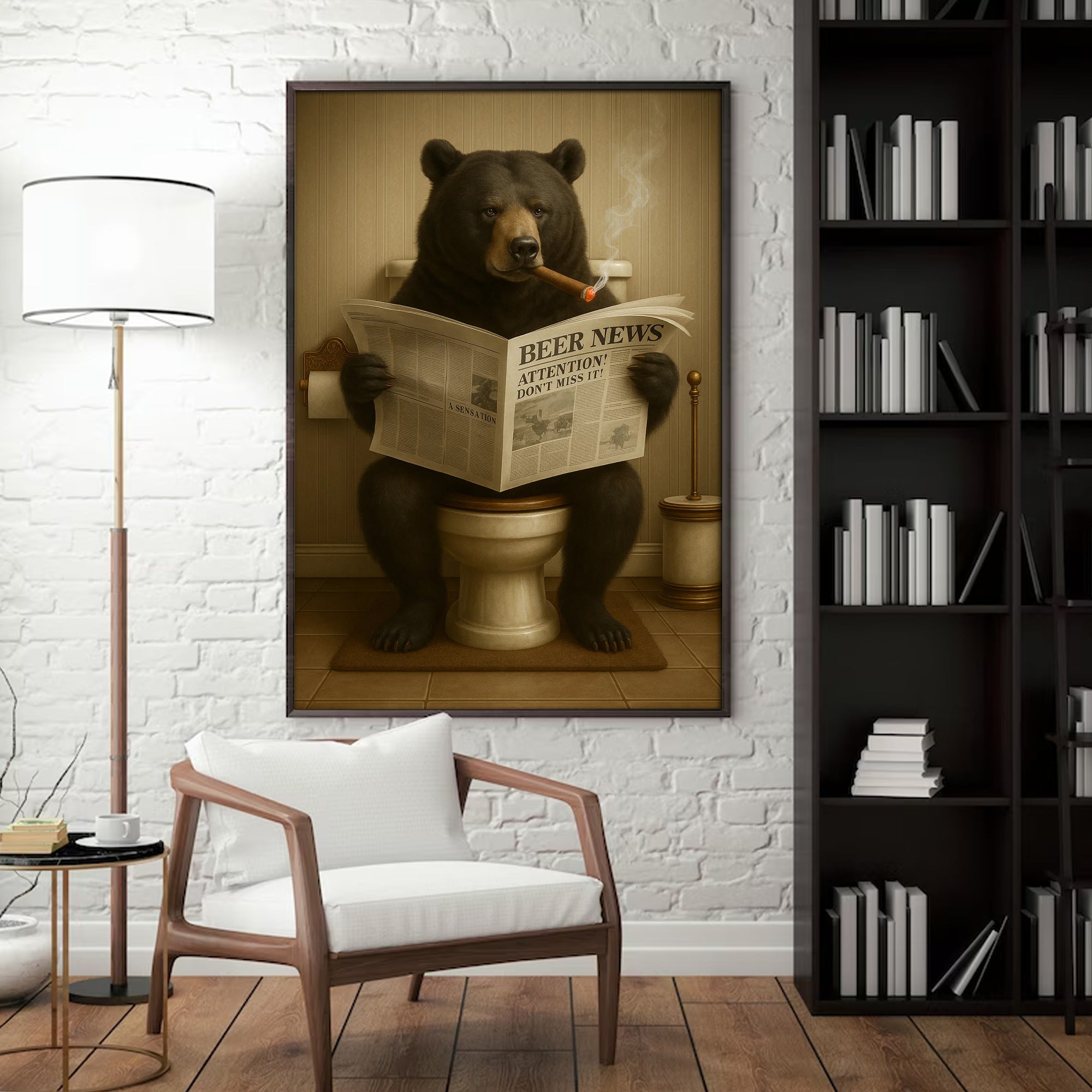 Funny Bear Newspaper Bathroom Canvas Wall Art – Wildlife Animal Poster - Unique Gift for Dad, Hunters & Outdoorsmen