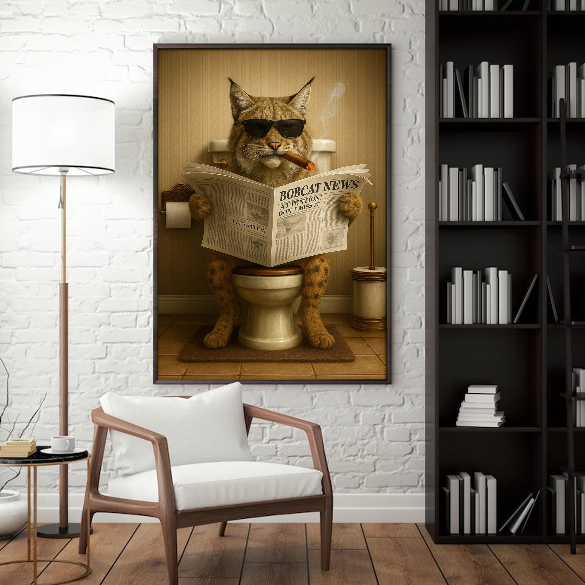 Funny Bobcat Bathroom Wall Art – Rustic Wildlife Decor for Men, Hunting Cabin Poster, Hilarious Gift for Dad