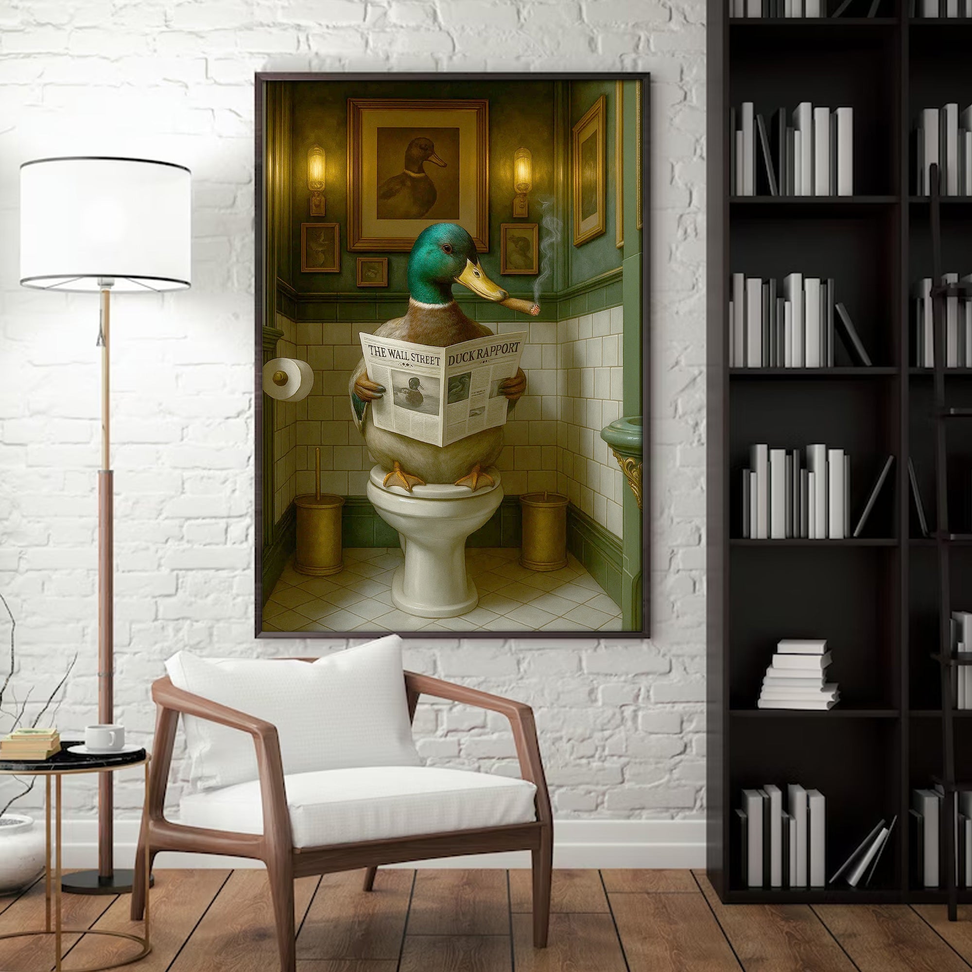 Duck Reading News Bathroom Wall Art – Rustic Decor for Men, Hunting Cabin Poster Hunters