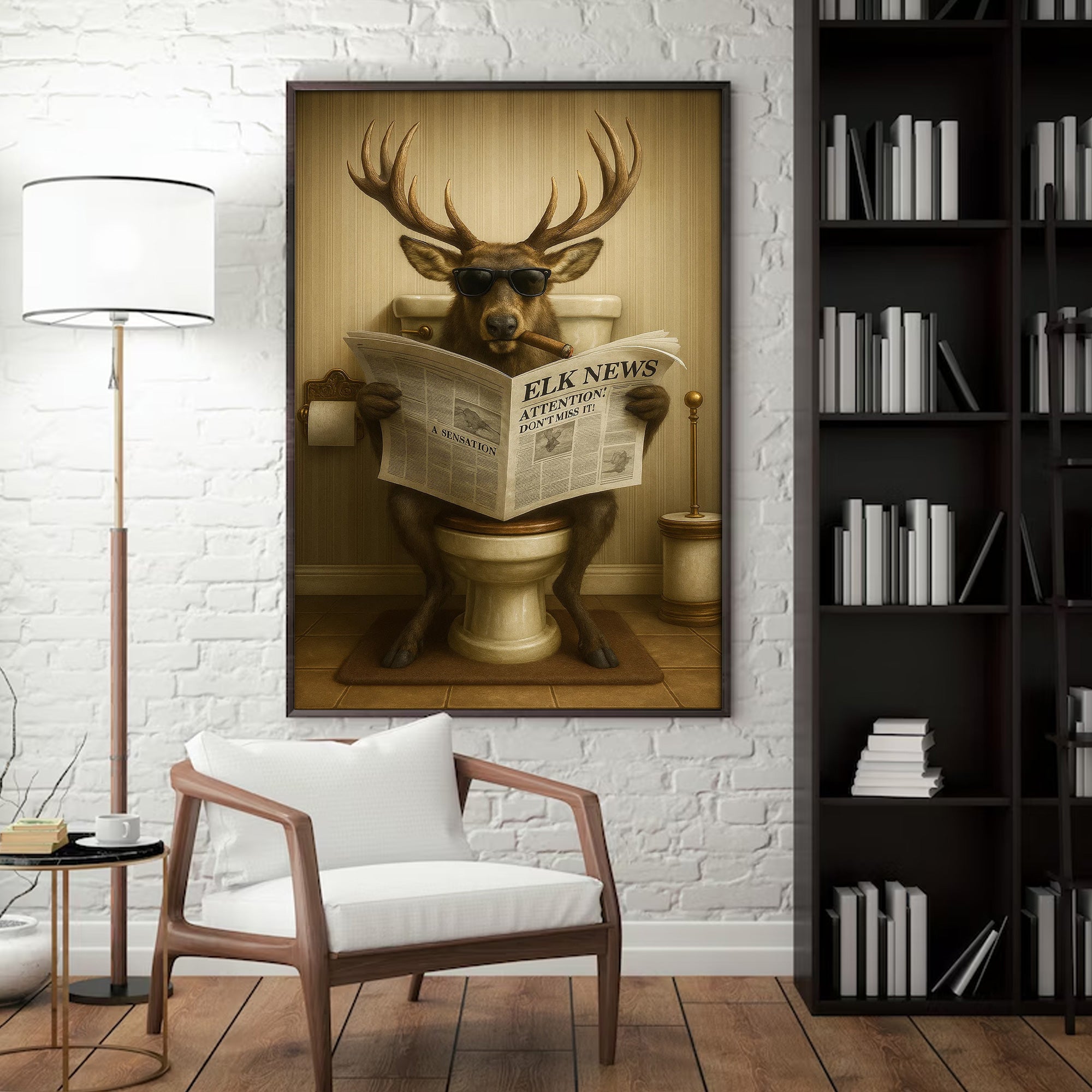 Funny Elk Bathroom Wall Art – Hunting Lodge Decor for Men - Wildlife Animal Poster - Unique Dad Gift for Hunters & Outdoorsmen