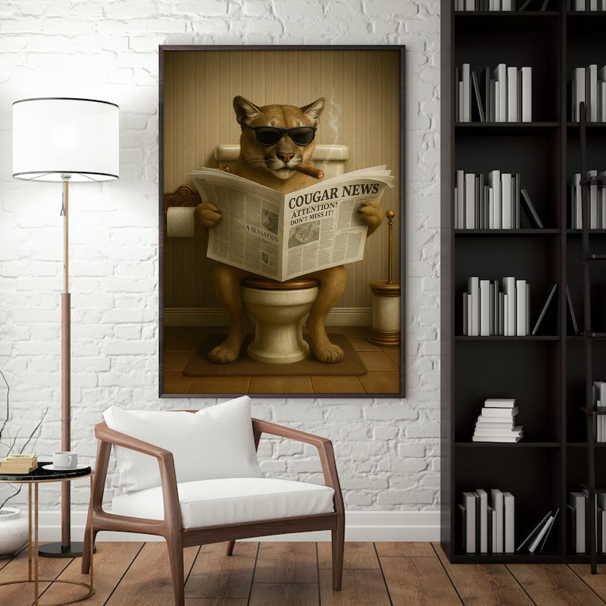 Funny Cougar Bathroom Canvas – Mountain Lion on Toilet Reading Newspaper - Rustic Cabin Decor, Gift for Outdoorsmen