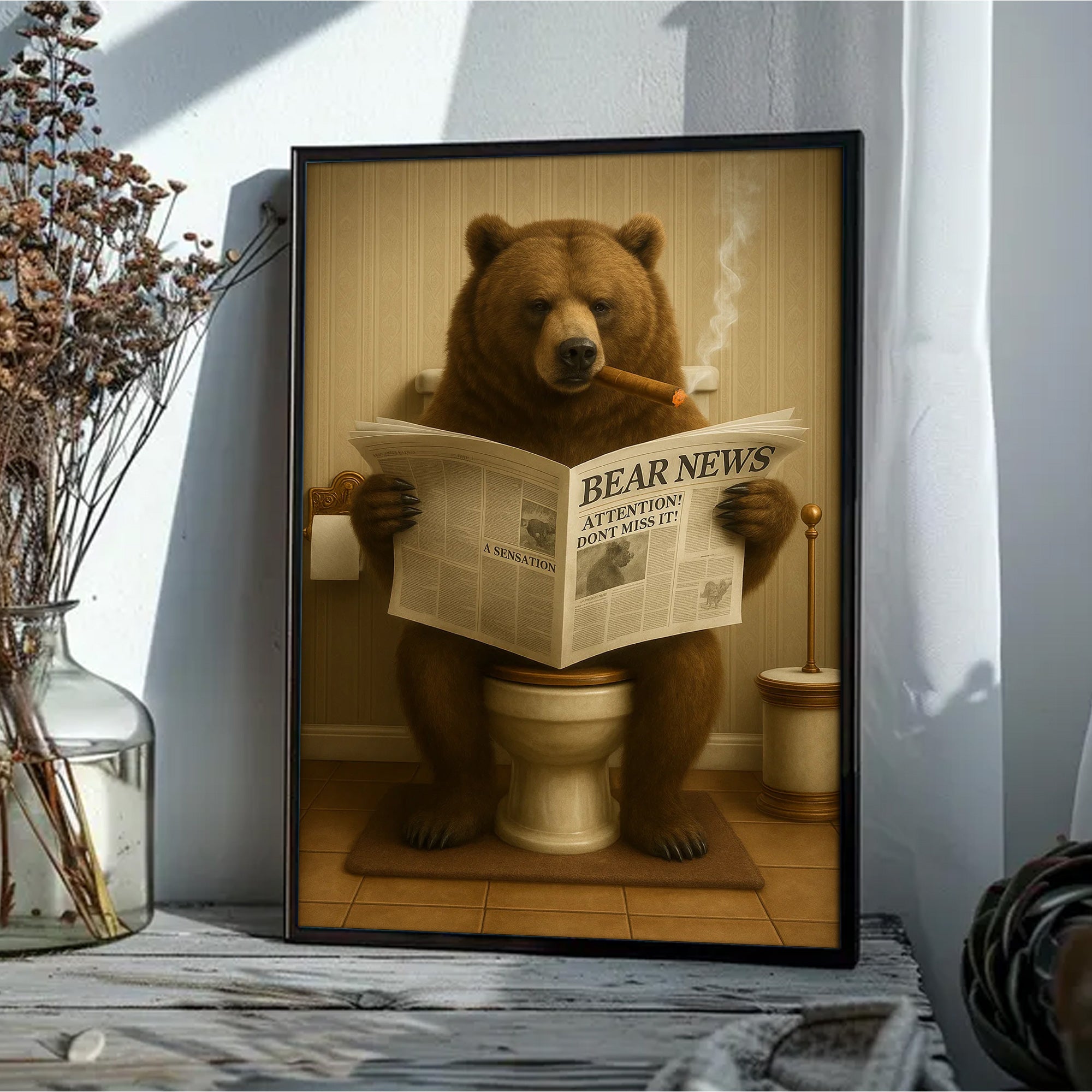 Grizzly Bear Bathroom Canvas – Funny Cabin Decor with Bear Hunting on Toilet Reading Newspaper - Gift for Outdoorsmen