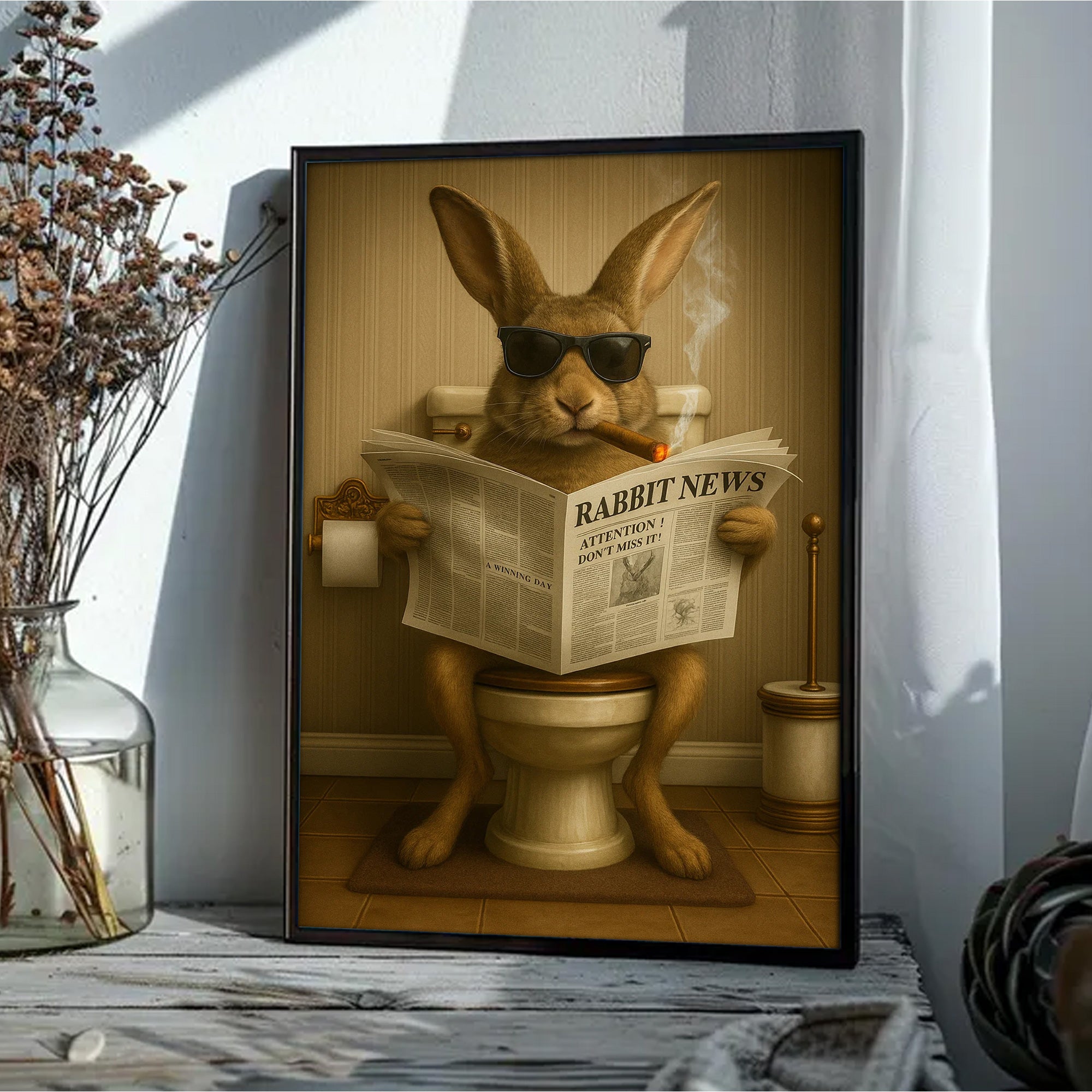 Funny Rabbit Reading News Bathroom Wall Art – Rustic Decor for Men, Hunting Cabin Poster, Hilarious Gift for Dad