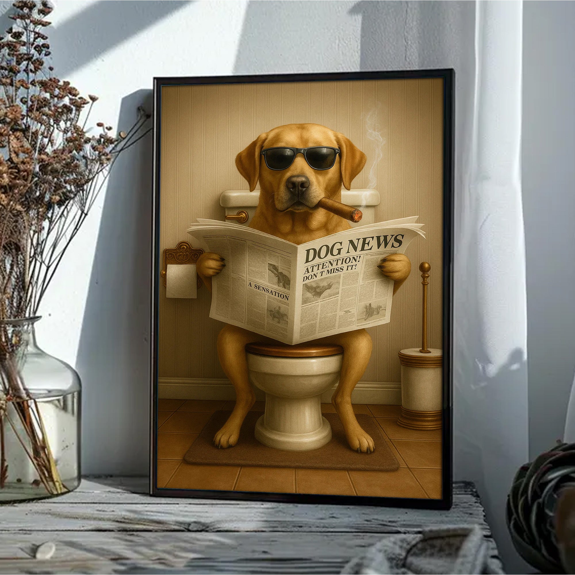 Funny Labrador Bathroom Poster Canvas – Dog on Toilet Reading Newspaper - Rustic Bathroom Decor, Gift for Dog Dads