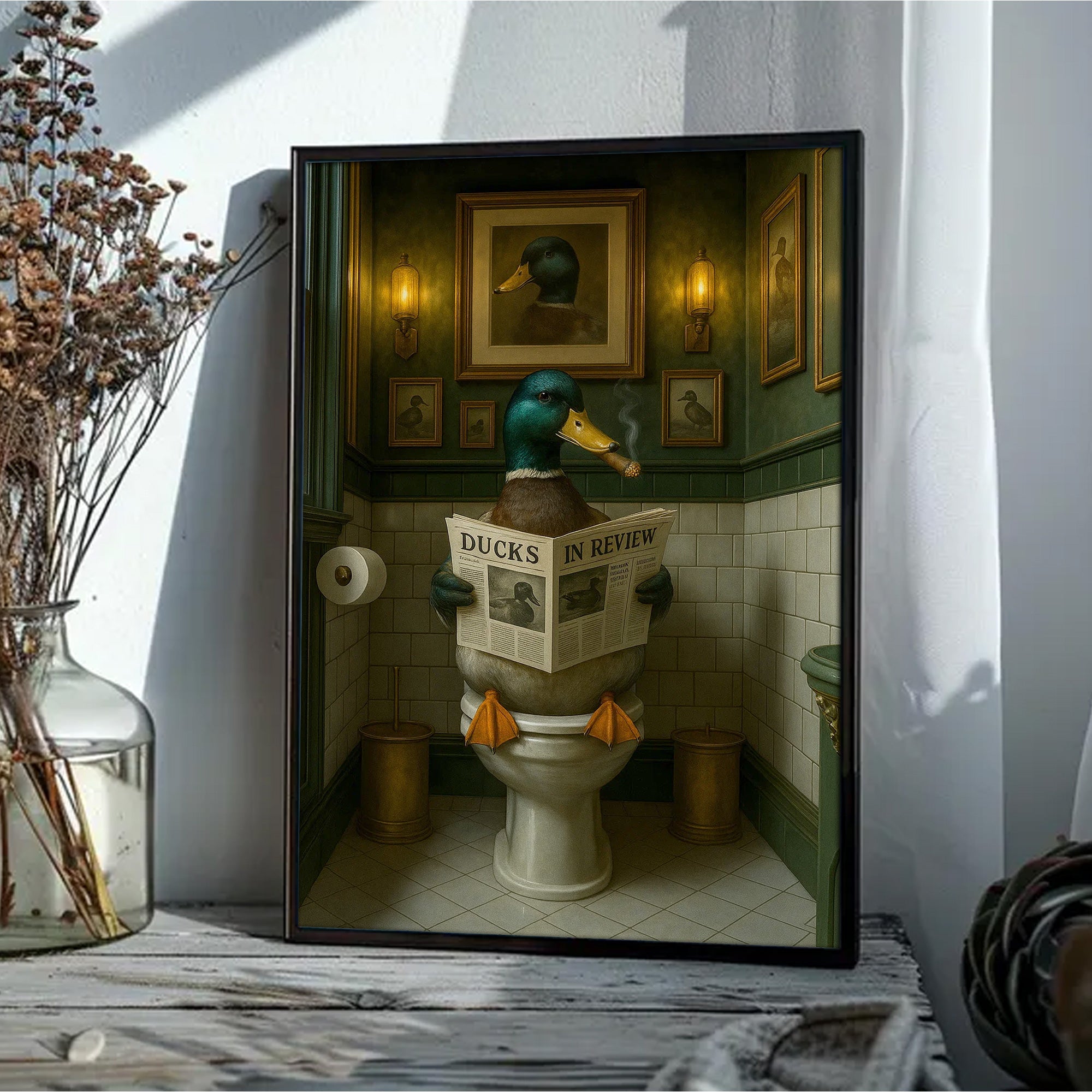 Mallard Duck Toilet Scene Poster Canvas – Smoking-Smoking Duck Reading ‘Ducks in Review’ - Gift for Outdoorsmen