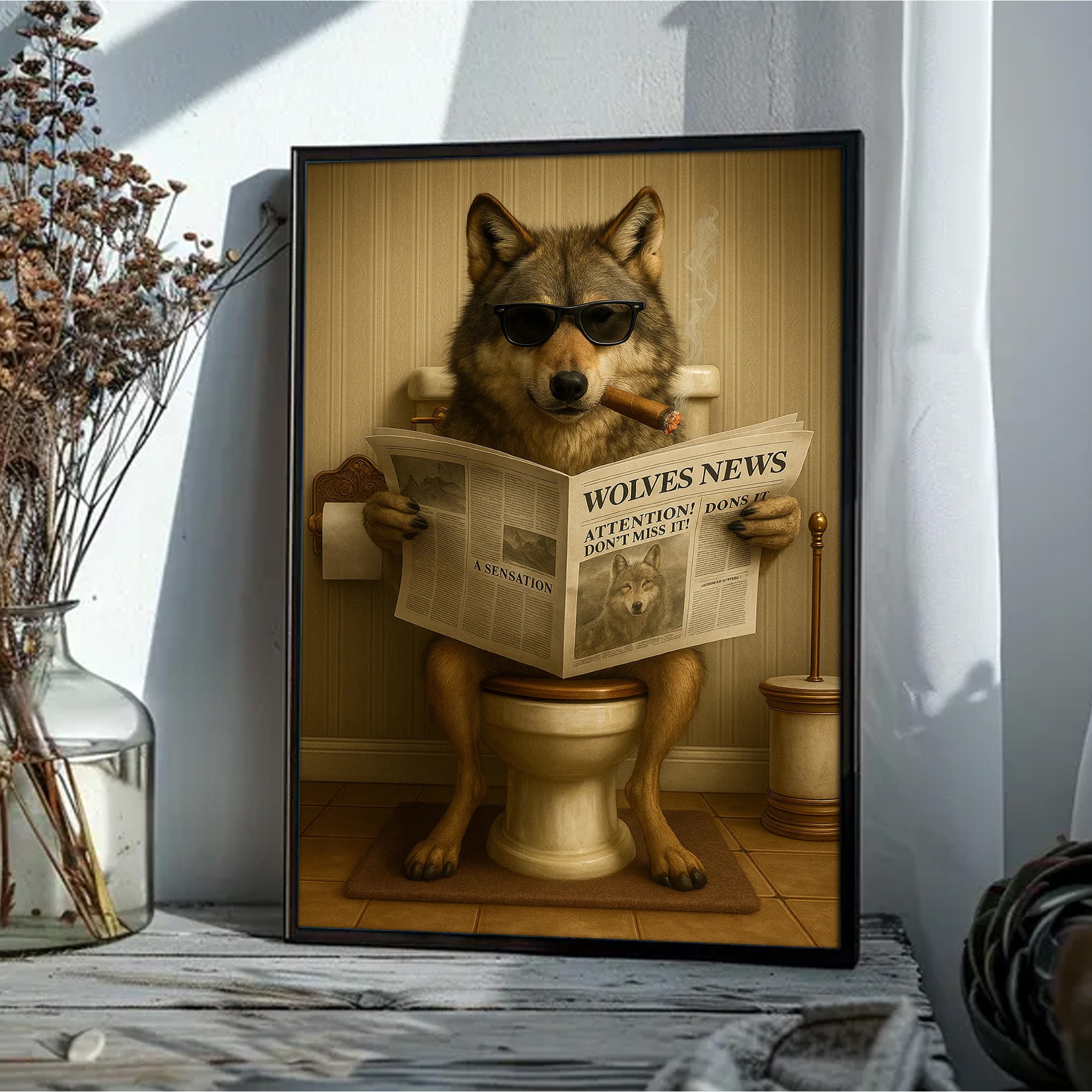 Funny Wolves News Poster Canvas – Hilarious Bathroom Scene with Cool Wolf on Toilet - Gift for Men, Nature Lovers, Hunters