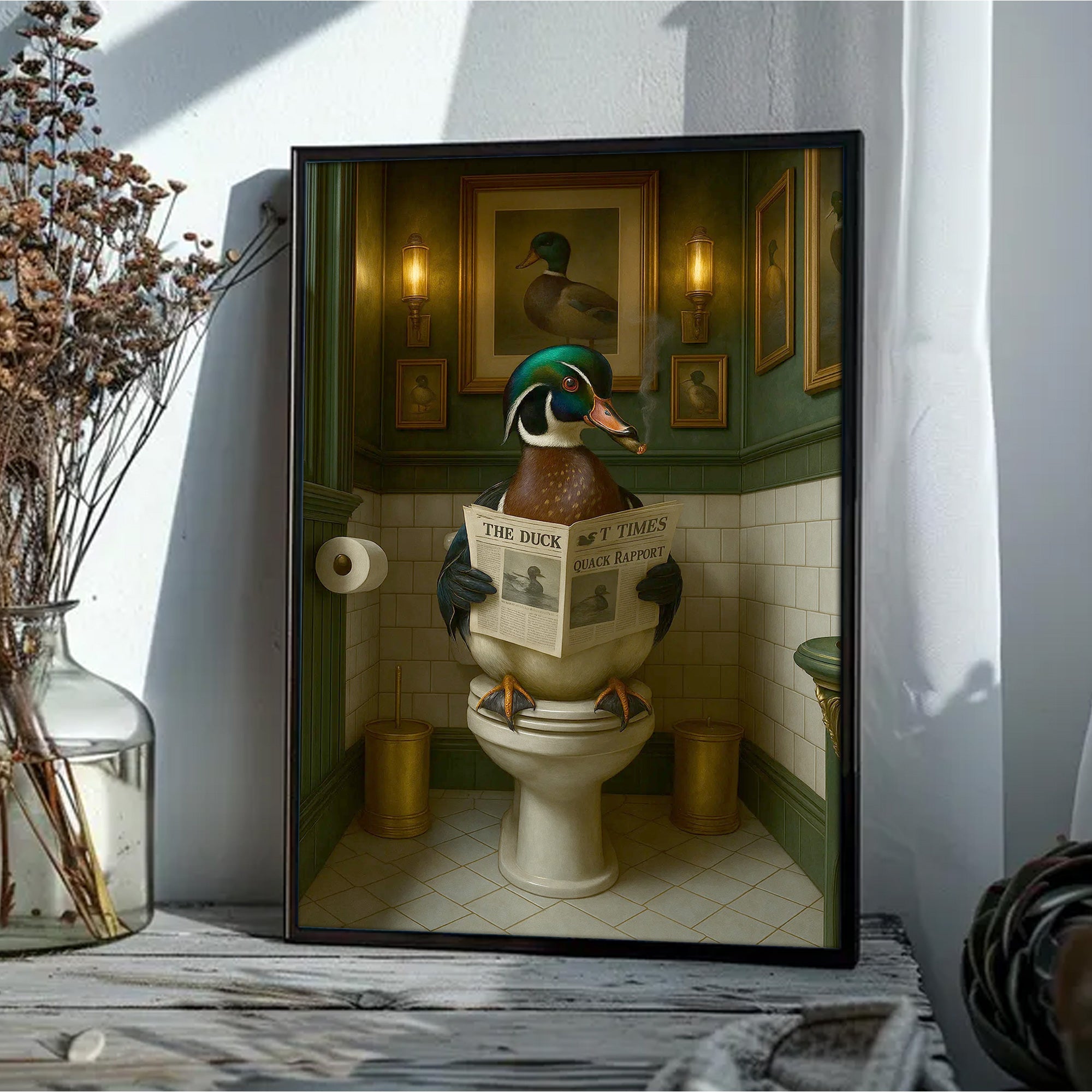 Rustic Duck Bathroom Wall Art Canvas – Wood Duck Reading Newspaper - Lodge Humor Print, Perfect Gift for Hunters