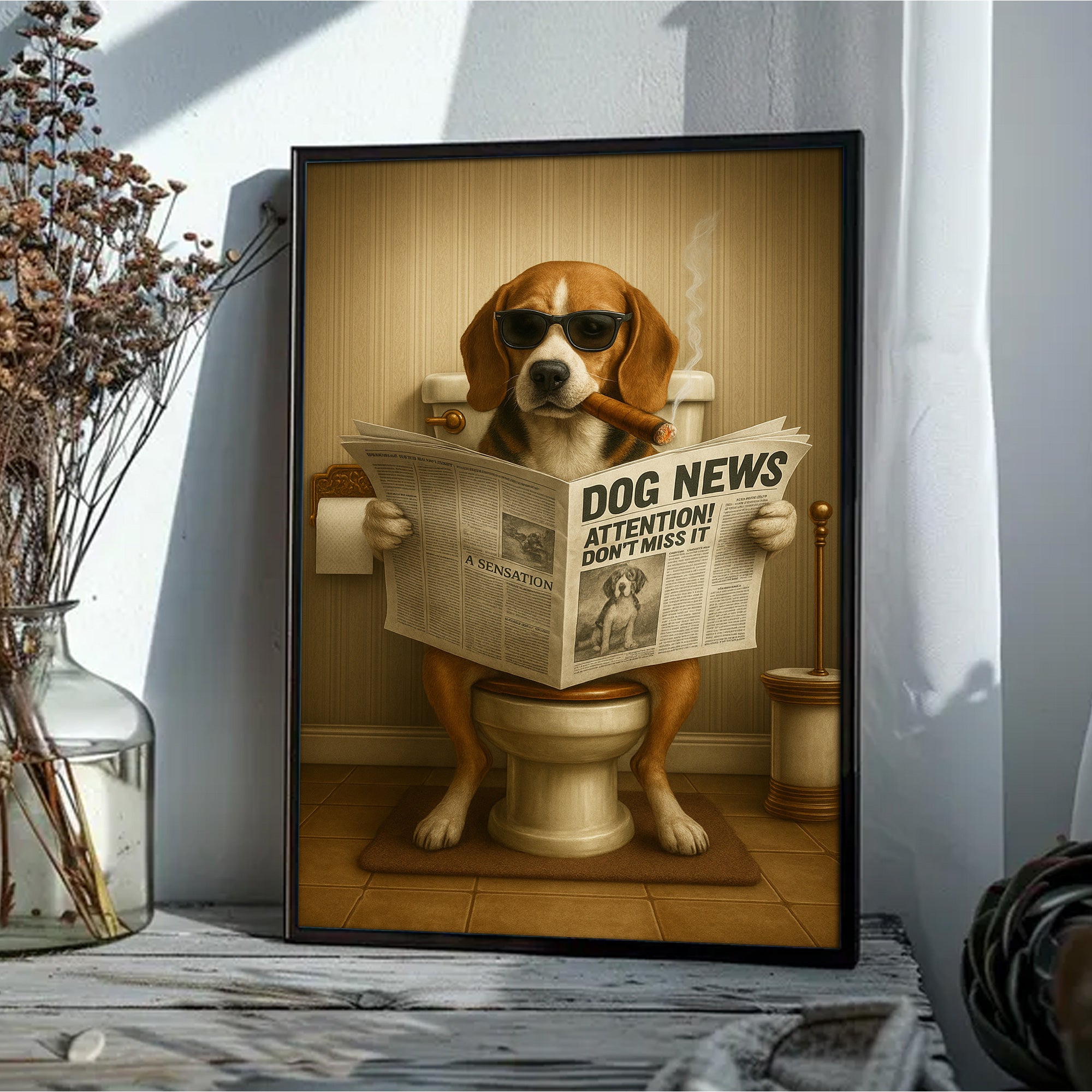 Funny Beagle Reading Newspaper Canvas – Funny Dog Hunting Bathroom Wall Art, Rustic Cabin Decor, Gift for Men