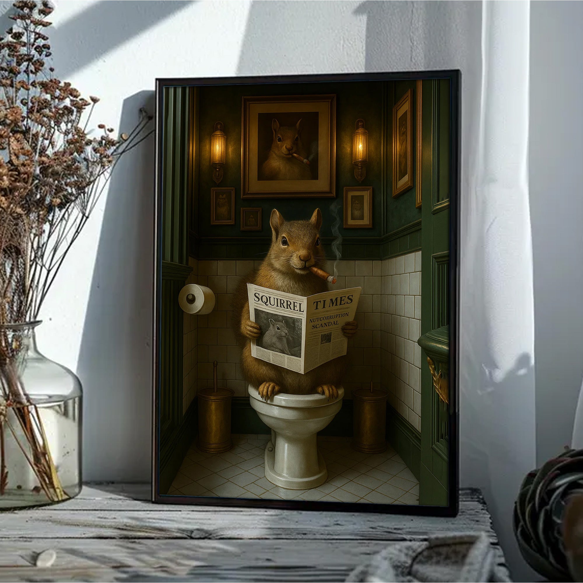 Funny Squirrel on Toilet Poster Canvas – Hilarious Wildlife Bathroom Scene - Lodge Humor Canvas, Gift for Men or Nature Lovers