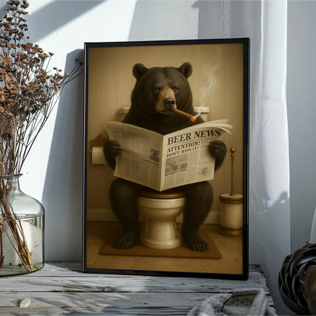 Funny Bear Newspaper Bathroom Canvas Wall Art β Wildlife Animal Poster - Unique Gift for Dad, Hunters & Outdoorsmen