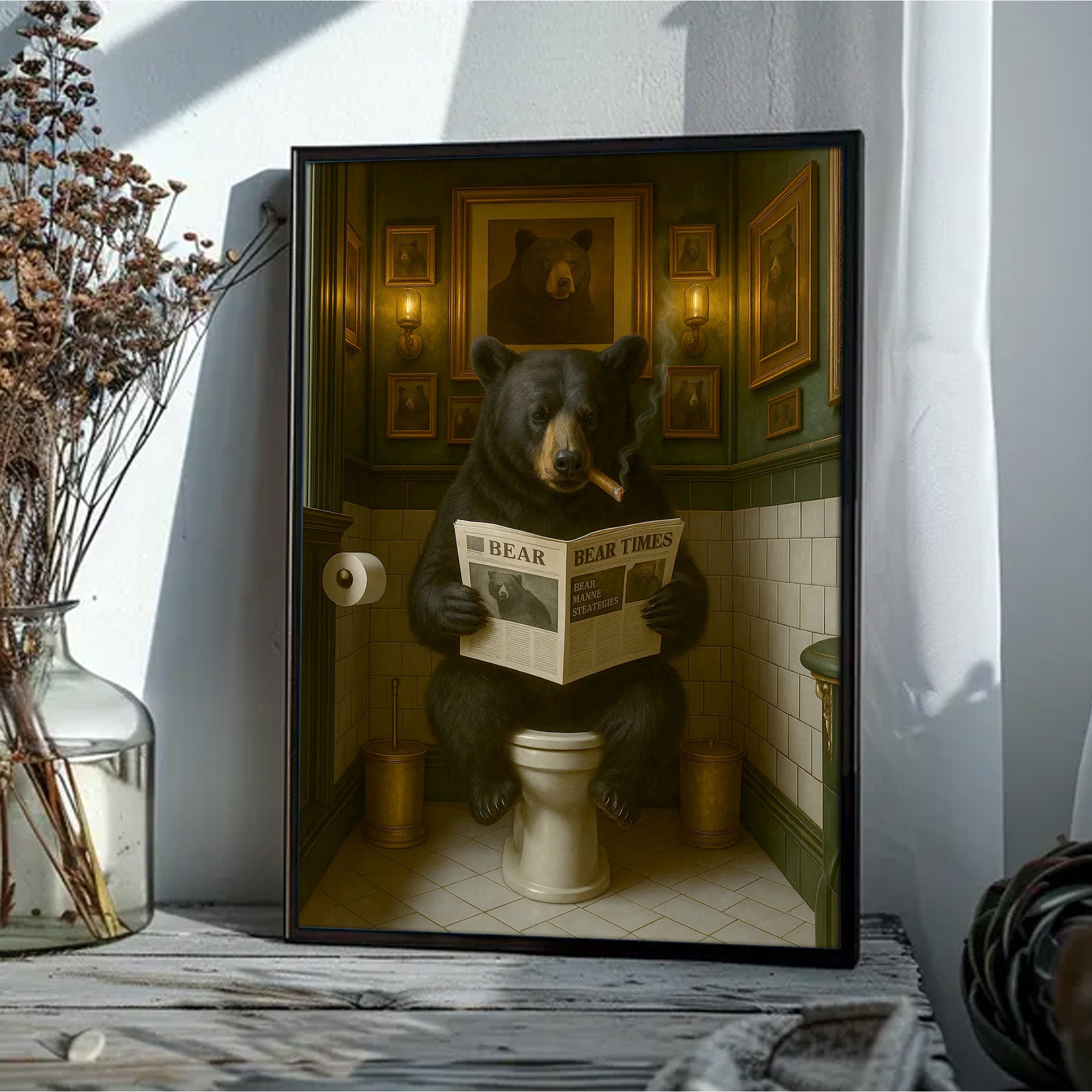 Funny Bear Hunting Bathroom Canvas – Black Bear On Toilet Reading Newspaper - Rustic Lodge Decor for Dad or Hunters