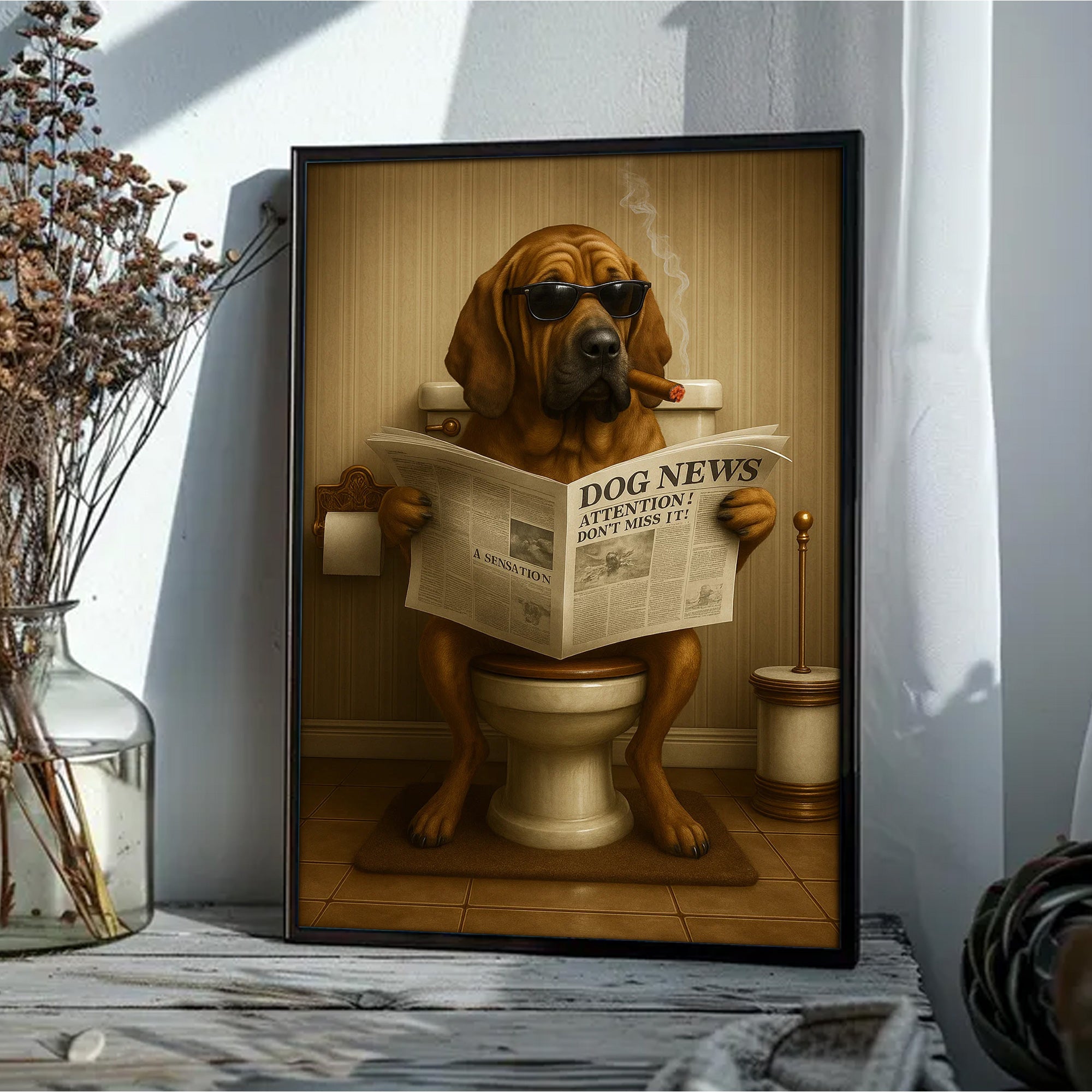 Funny Rustic Dog Bathroom Canvas – Bloodhound Smoking Reading ‘Dog News’ - Hunting Hunters Cabin Decor, Gift for Dad or Husband