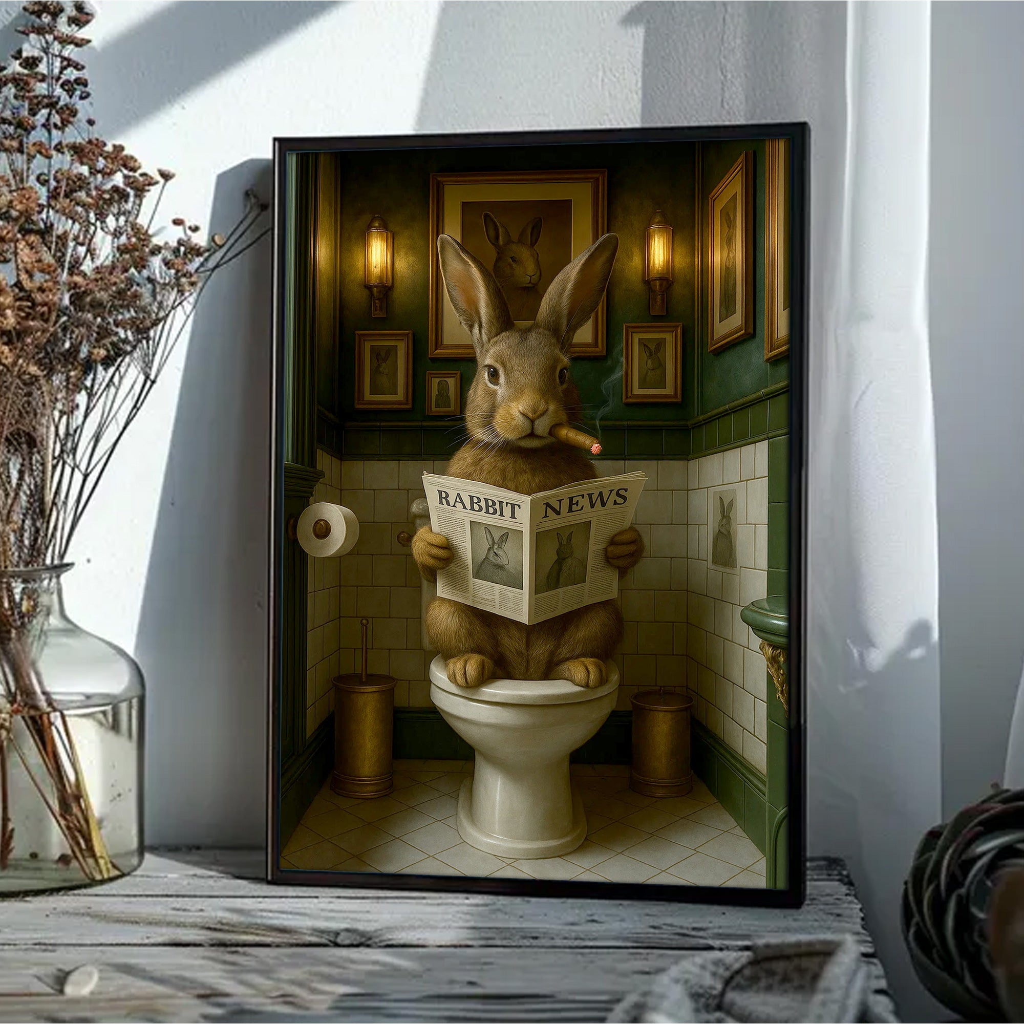 Funny Rabbit Bathroom Poster Canvas– Smoking-Smoking Bunny Reading Newspaper - Rustic Toilet Wall Art, Gift for Animal Lovers