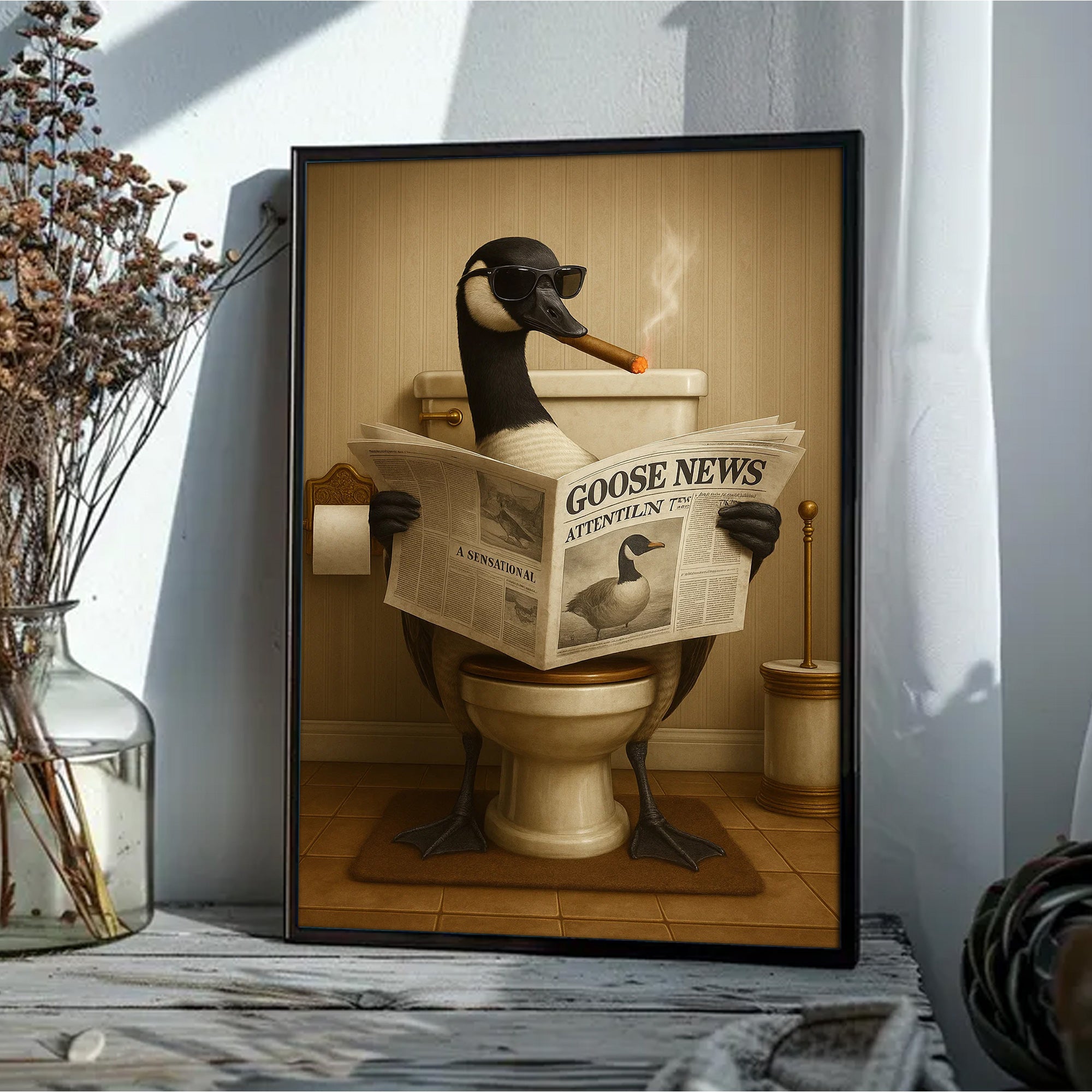 Funny Goose Read Newspaper Bathroom Canvas Wall Art – Hunting Wildlife Animal Poster - Unique Gift for Dad, Hunters