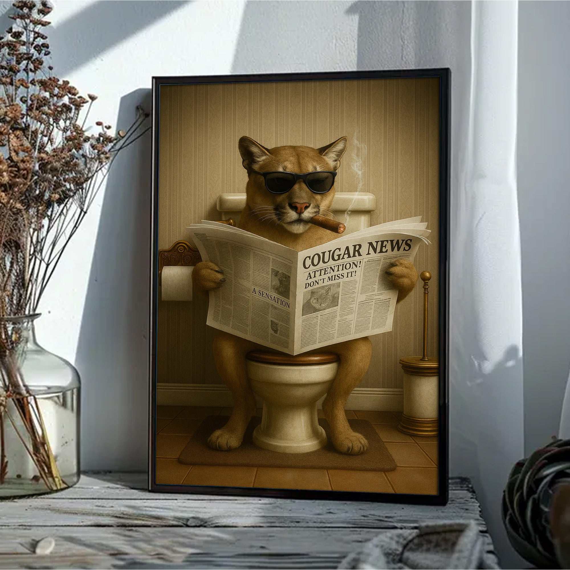 Funny Cougar Bathroom Canvas – Mountain Lion on Toilet Reading Newspaper - Rustic Cabin Decor, Gift for Outdoorsmen