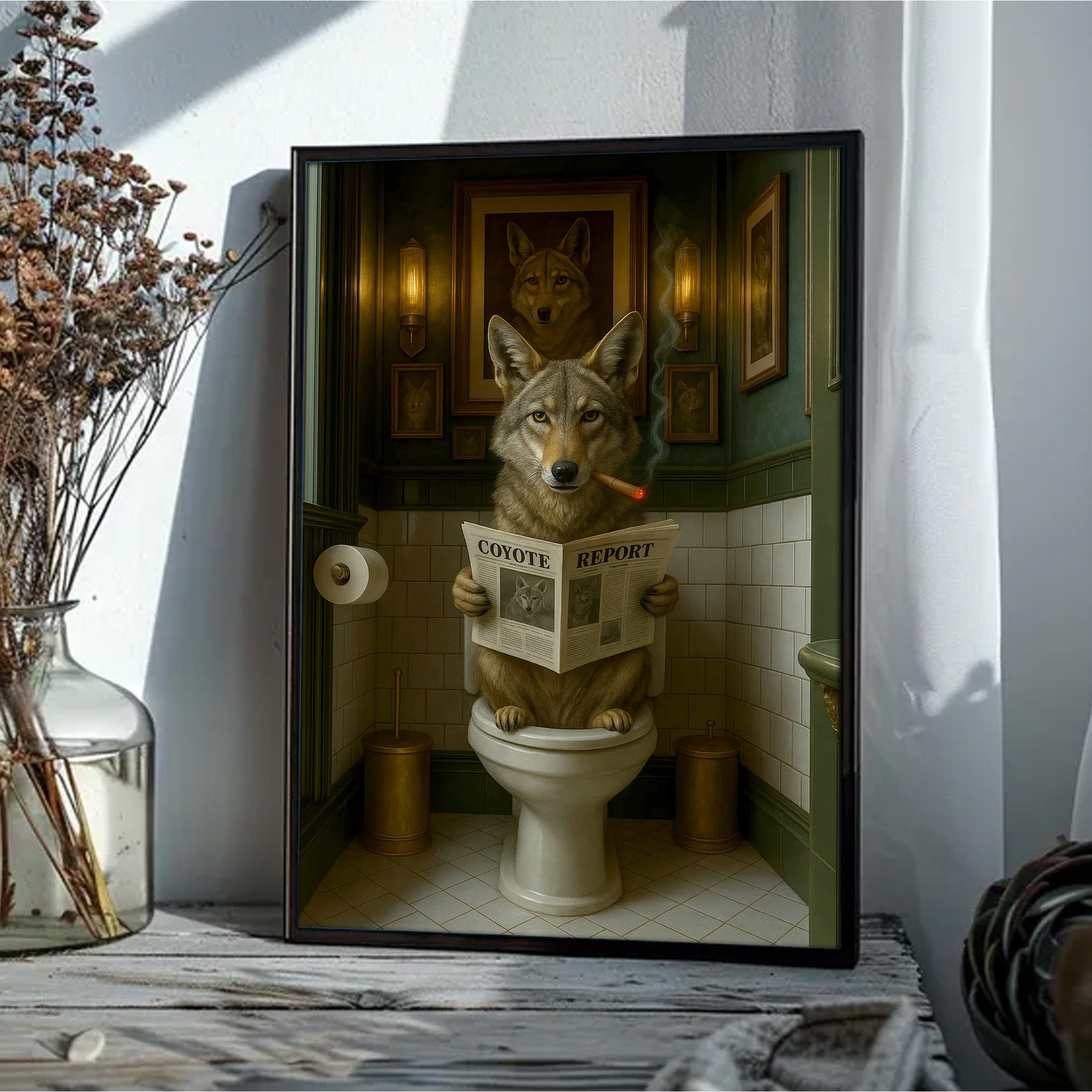 Funny Coyote Bathroom Canvas – Wild Dog on Toilet Reading Newspaper - Wolf Coyote - Rustic Lodge Decor, Gift for Outdoorsmen