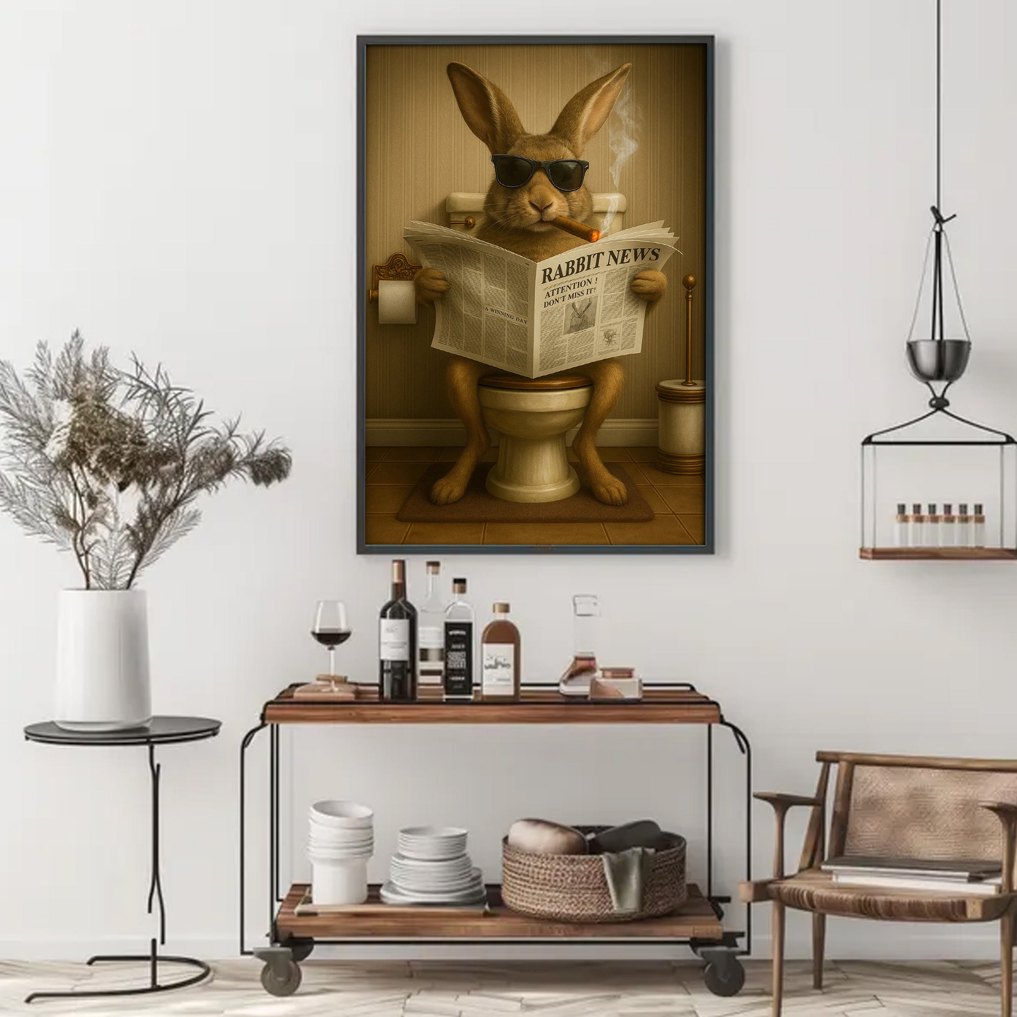 Funny Rabbit Reading News Bathroom Wall Art – Rustic Decor for Men, Hunting Cabin Poster, Hilarious Gift for Dad