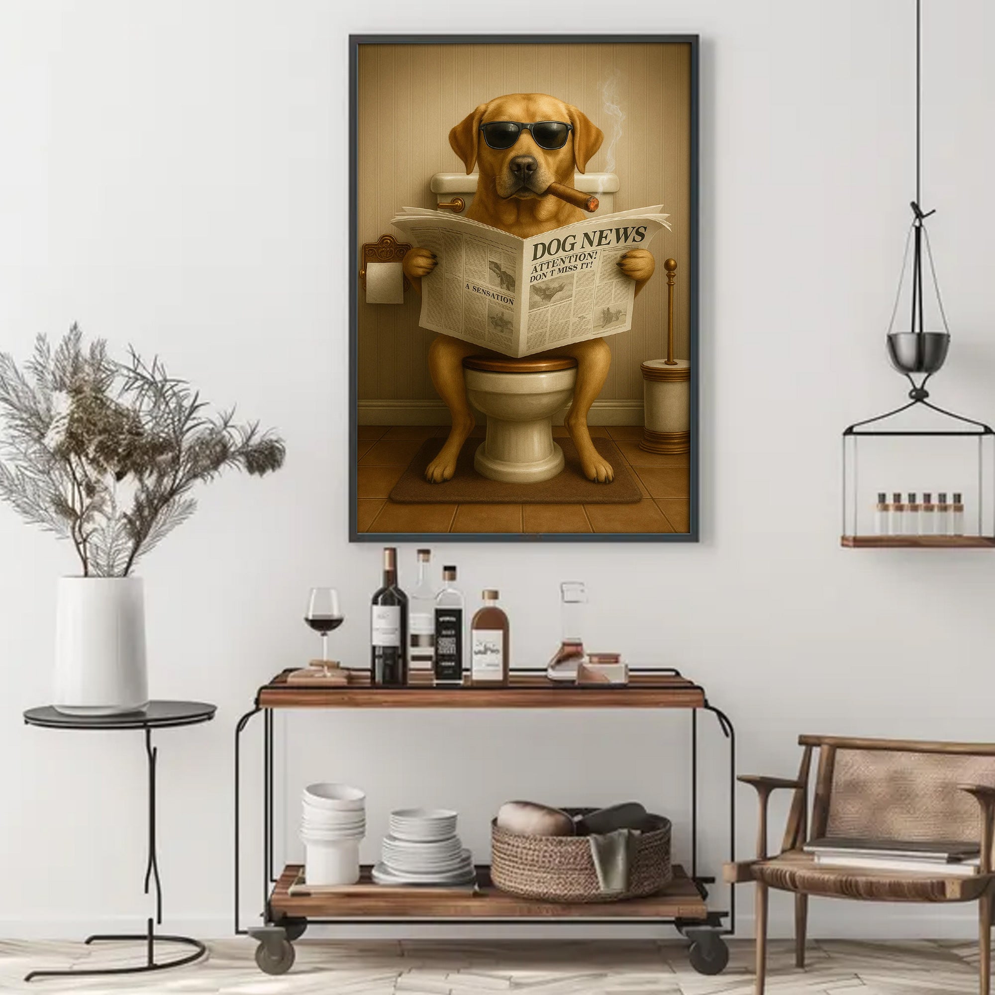 Funny Labrador Bathroom Poster Canvas – Dog on Toilet Reading Newspaper - Rustic Bathroom Decor, Gift for Dog Dads