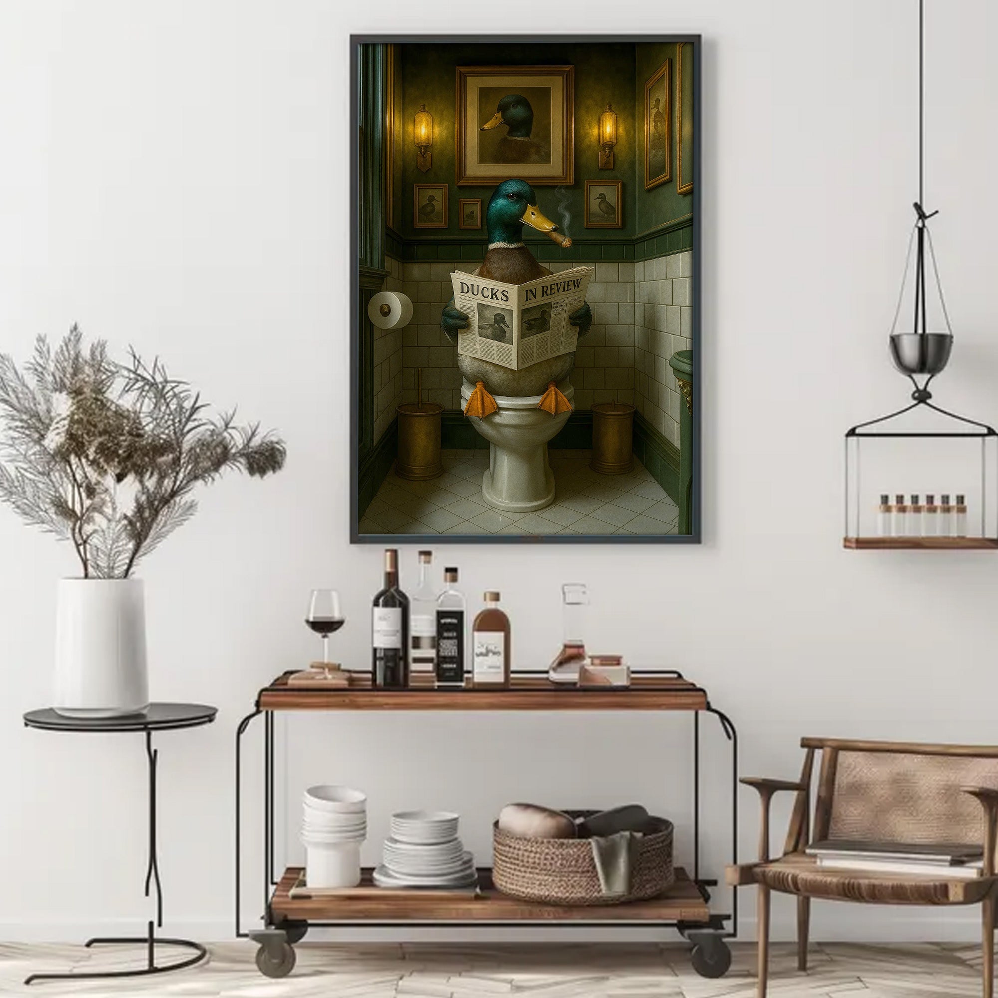 Mallard Duck Toilet Scene Poster Canvas – Smoking-Smoking Duck Reading ‘Ducks in Review’ - Gift for Outdoorsmen