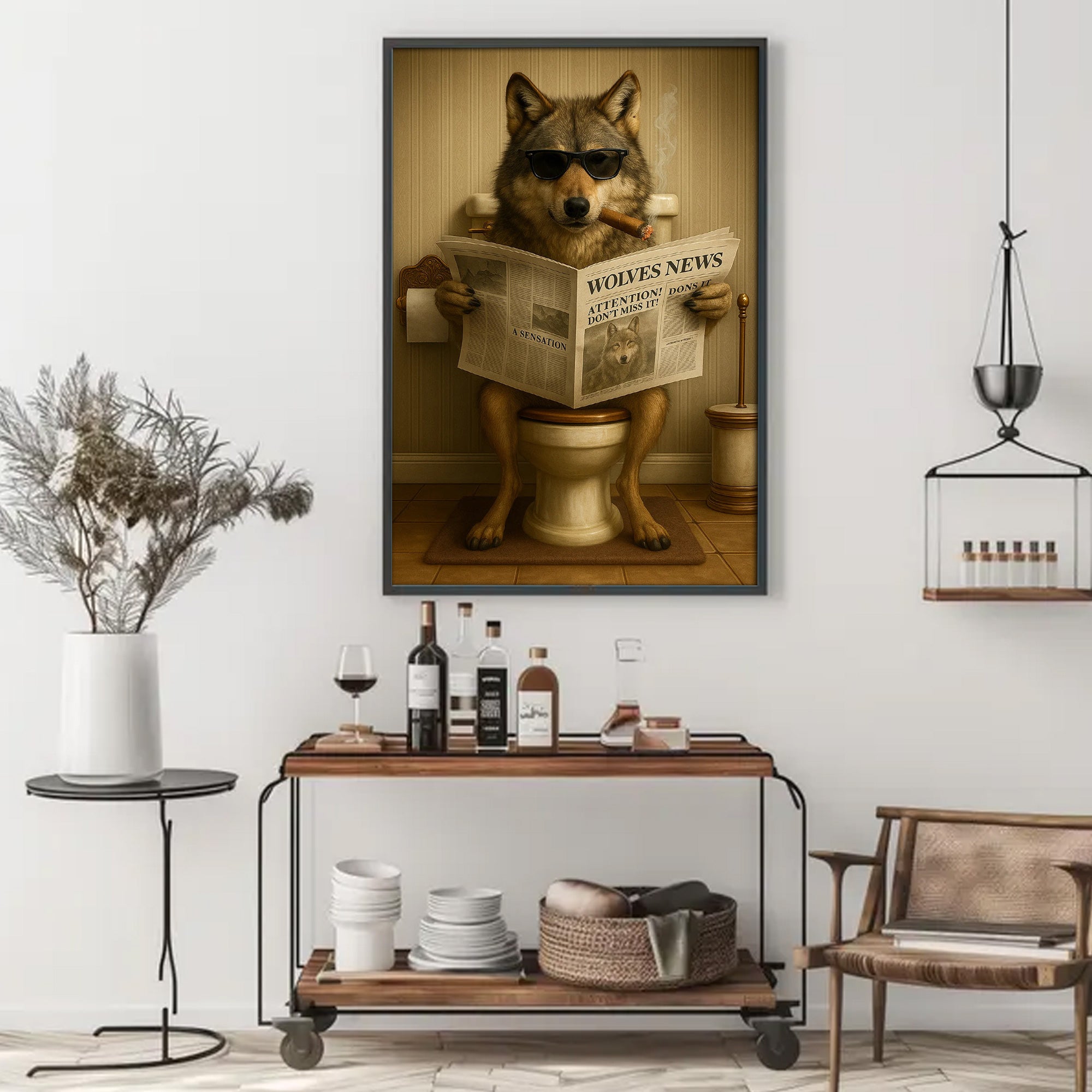 Funny Wolves News Poster Canvas – Hilarious Bathroom Scene with Cool Wolf on Toilet - Gift for Men, Nature Lovers, Hunters